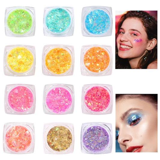 Glow in the Dark Face & Body Glitter Gel - 12 Colors Chunky Holographic Glitter for Hair, Body, Festival, Party, Rave Makeup, Washable Cosmetic Beauty & Personal Care Ultikare