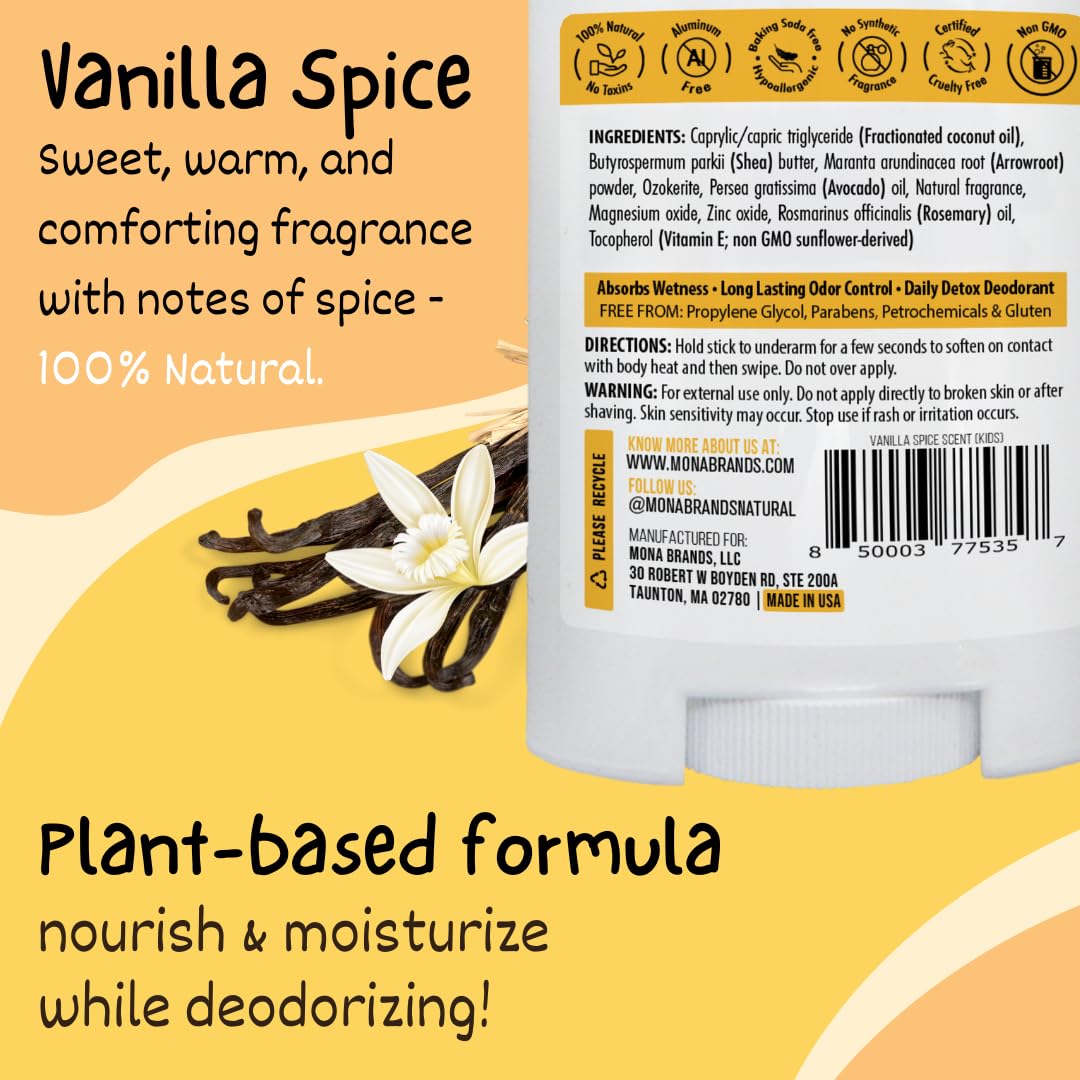 MONA Brands Vanilla Spice Natural Deodorant for Kids, Preteens & Teens, Aluminum Free, Gluten and Baking Soda Free, Gentle for Sensitive Skin, Vegan Beauty and Personal Care MONA