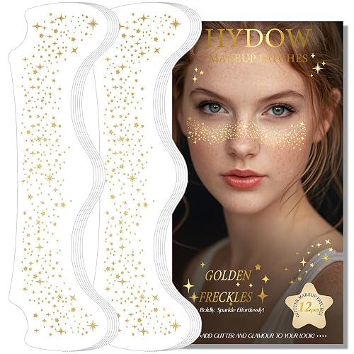 Glitter Freckles, Holographic Face and Body Glitter Tattoo Sparkle for Women Gold Glow Cosmetic Star Makeup Accessories for Festival Rave (12pcs Gold)
