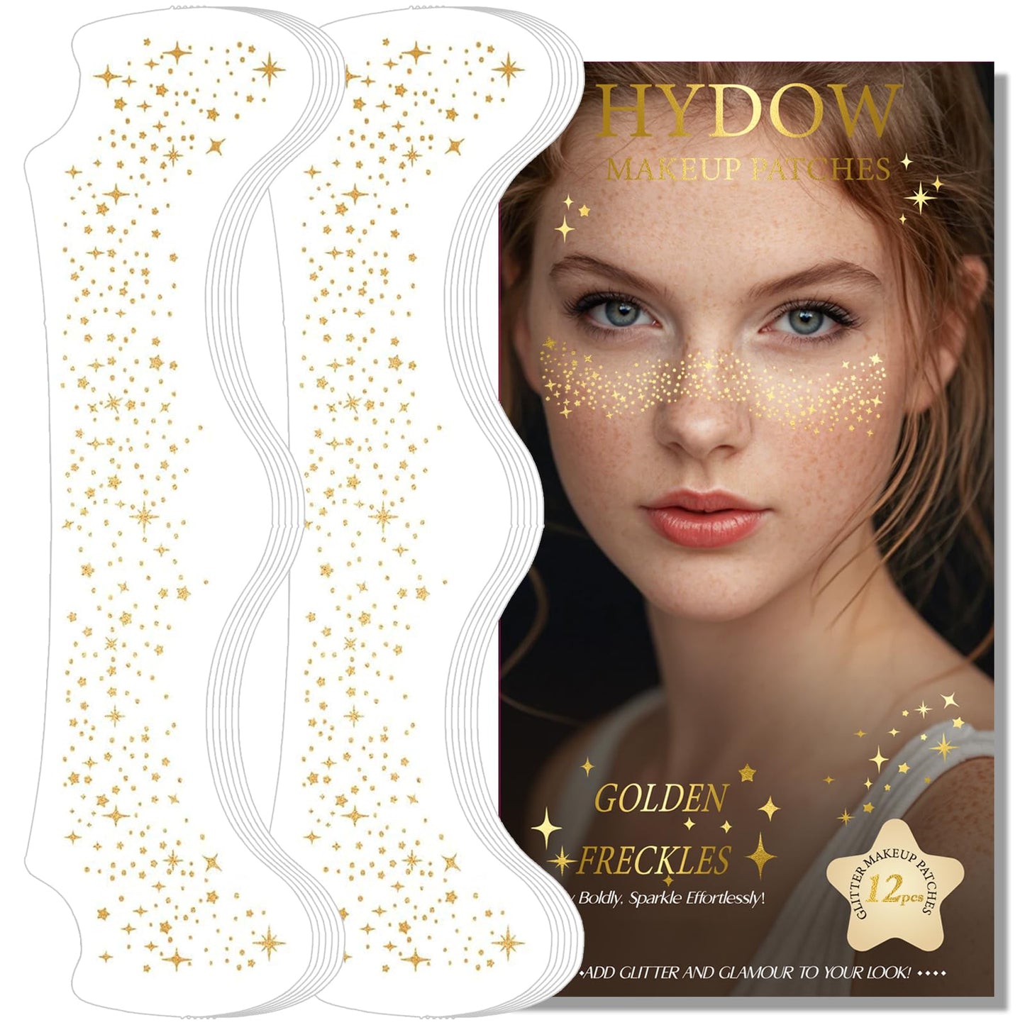 Glitter Freckles, Holographic Face and Body Glitter Tattoo Sparkle for Women Gold Glow Cosmetic Star Makeup Accessories for Festival Rave (12pcs Gold)