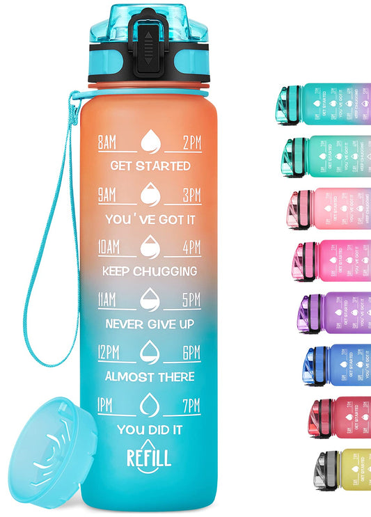 MEITAGIE Motivational Water Bottle with Time Marker and Fruit Strainer, Leak-Proof, BPA Free, Non-Toxic, with Carrying Strap, Perfect for Fitness
