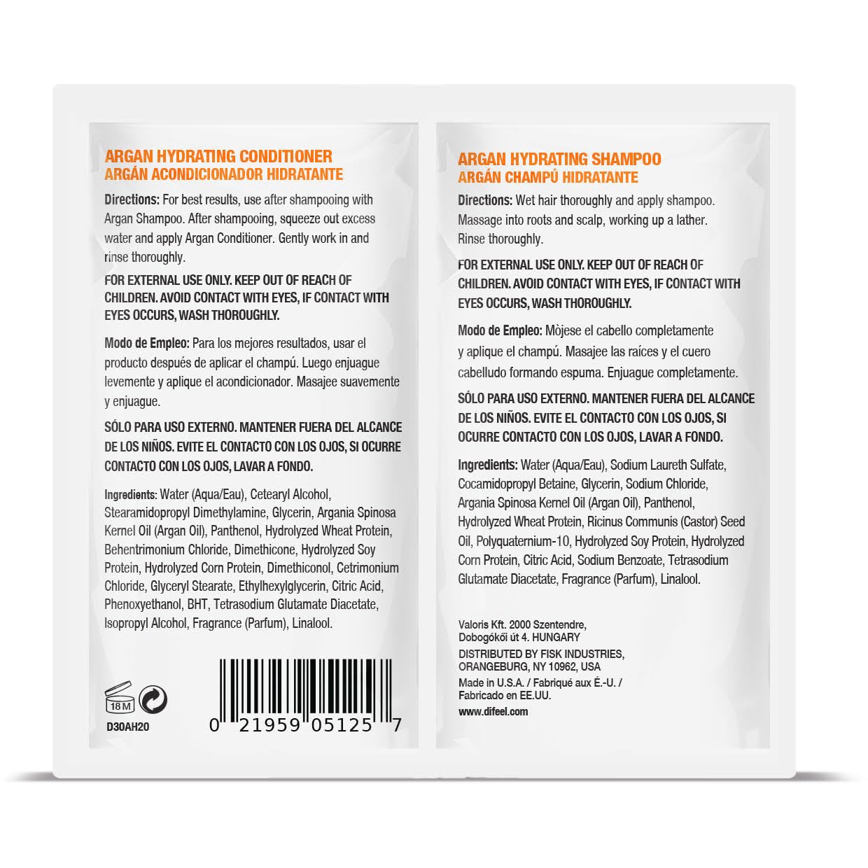 Difeel Hydrating Shampoo & Conditioner Dual Packet 2 oz. - Travel Size Shampoo & Conditioner Packette (1 Ounce Each)