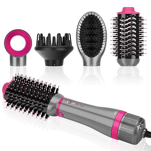 IG INGLAM 4 in 1 Blowout Brush, Negative Ion Detachable Hair Dryer & Styler Volumizer Hot Air Brush with 2 Styling Brush Heads, Silver