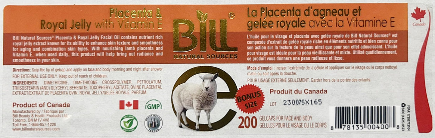 Lamb Placenta & Royal Jelly with Vitamin E Facial Oil, 200 Gelcaps, Bill Natural Sources