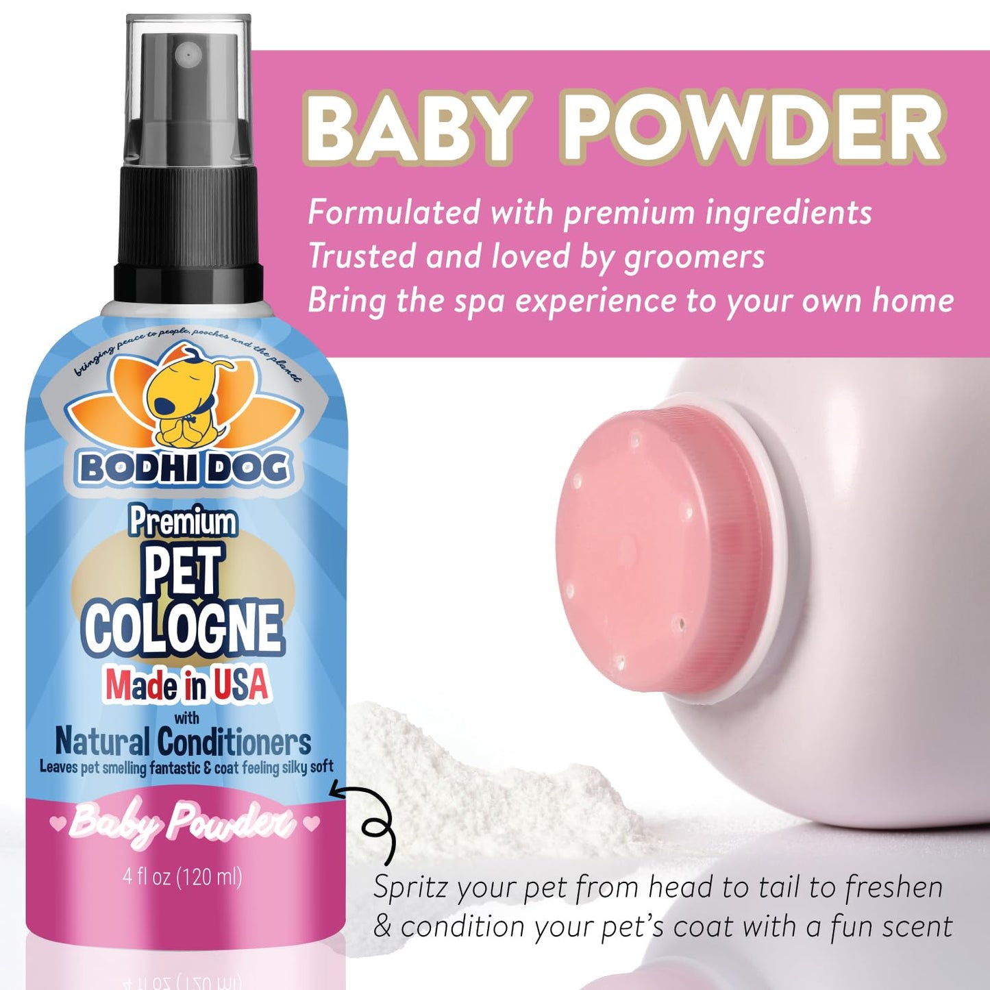 Bodhi Dog Premium Dog Cologne – Baby Powder Scent – 4oz Natural Long-Lasting Deodorizing Spray & Conditioner for Dogs & Cats – Made in USA