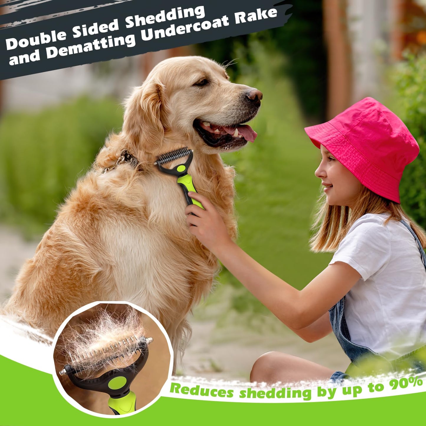 Augwind 3PCS Self Cleaning Slicker Brush & Pet Grooming Rake & Bath Brush for Dogs and Cats | Skin Friendly Deshedding Grooming Tool & Double-Sided Dematting Tool | Premium Pet Supplies (Green Black)