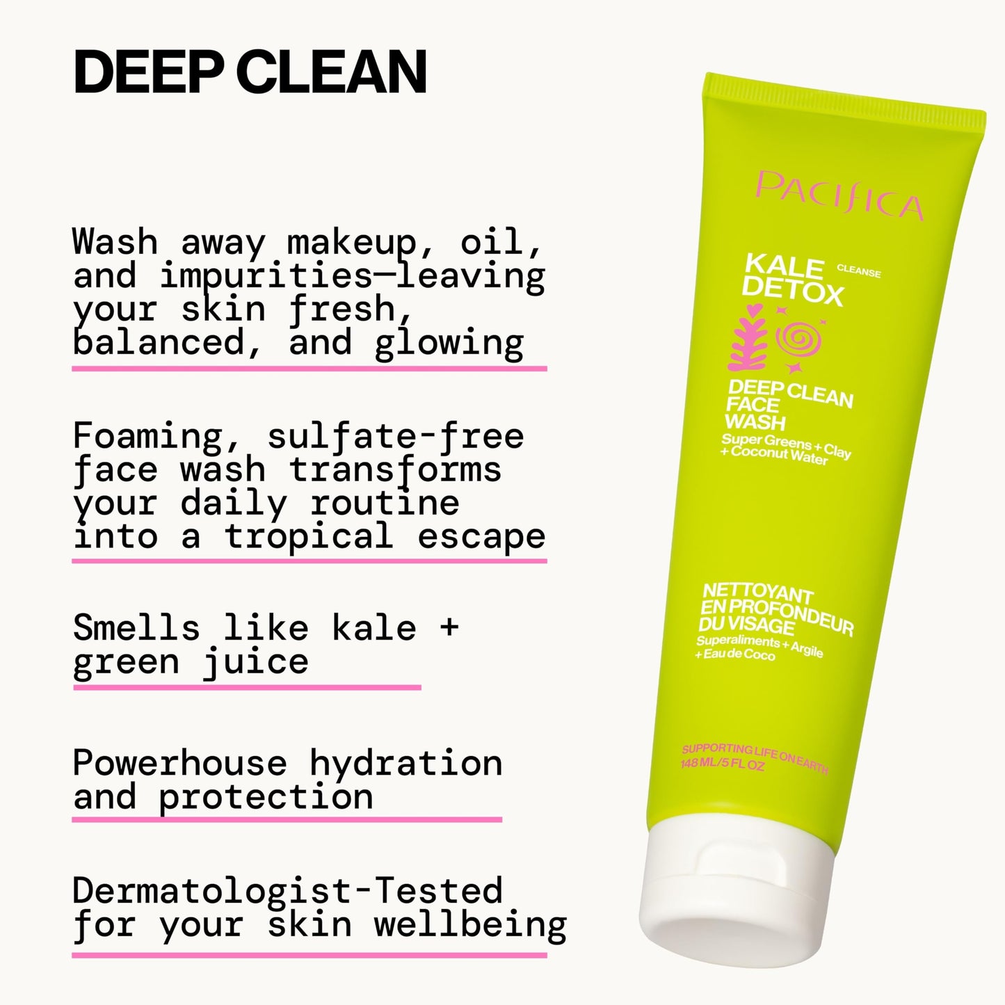 Pacifica Kale Detox Face Wash for Oily & Acne-Prone Skin, Deep Cleansing Facial Cleanser & Makeup Remover with Super Greens Kale, Seaweed & Clay, 5 fl