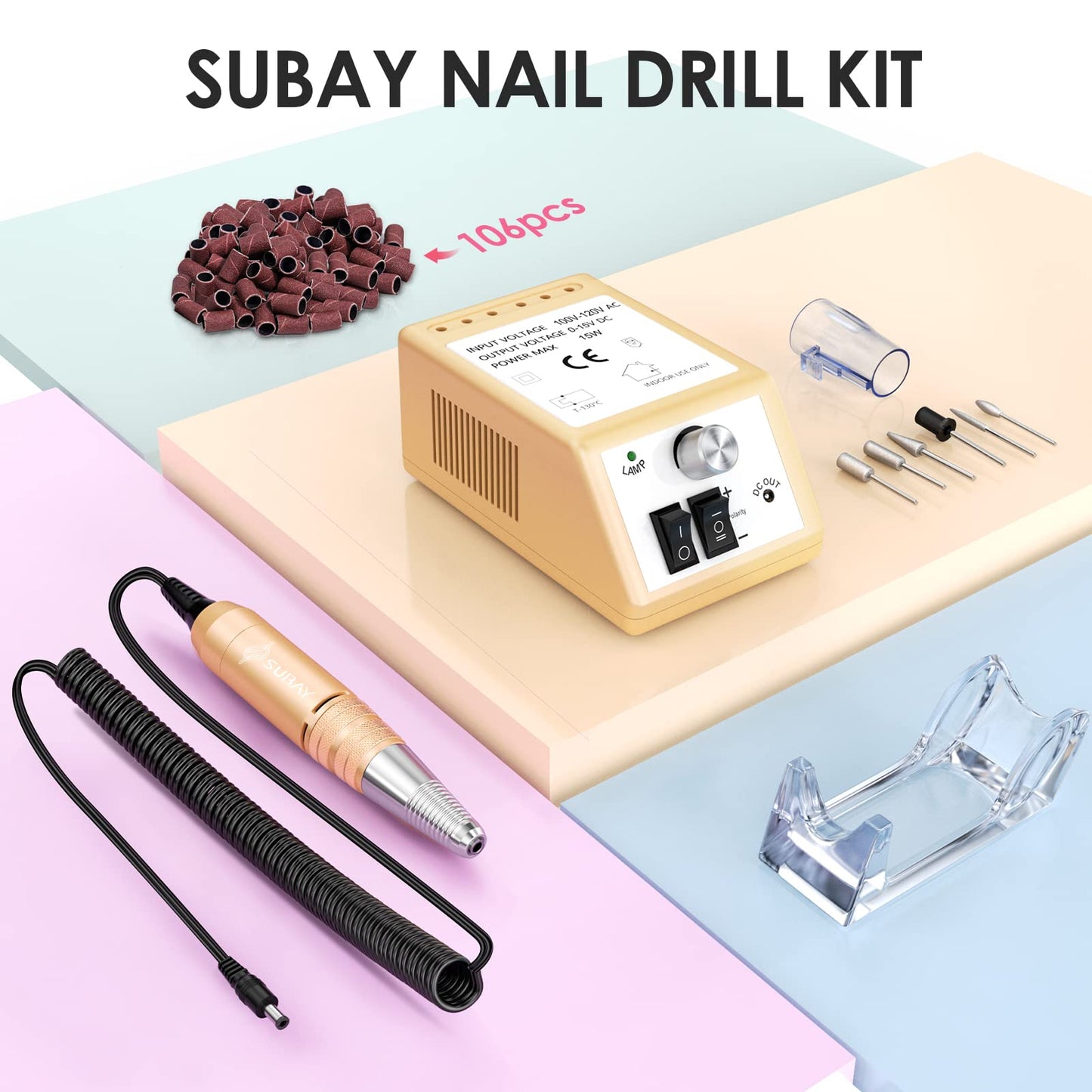 Subay Professional Electric Nail Drill 30,000RPM – Golden Efile Kit for Acrylic & Gel Nails, Manicure & Pedicure Polishing Tools