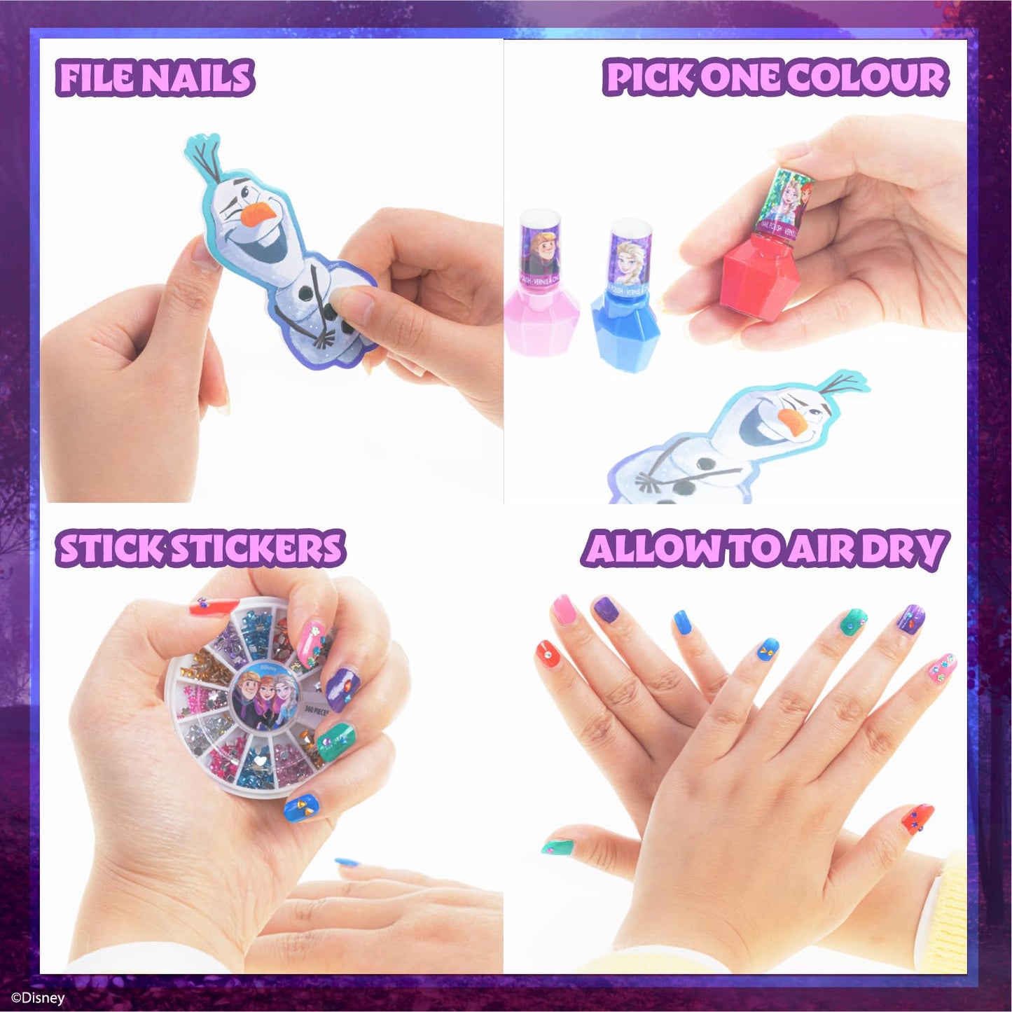Disney Frozen Non-Toxic Peel-Off Nail Polish Set with Shimmery and Opaque Colors with Nail Gems for Girls Ages 3+, Perfect for Parties, Sleepovers