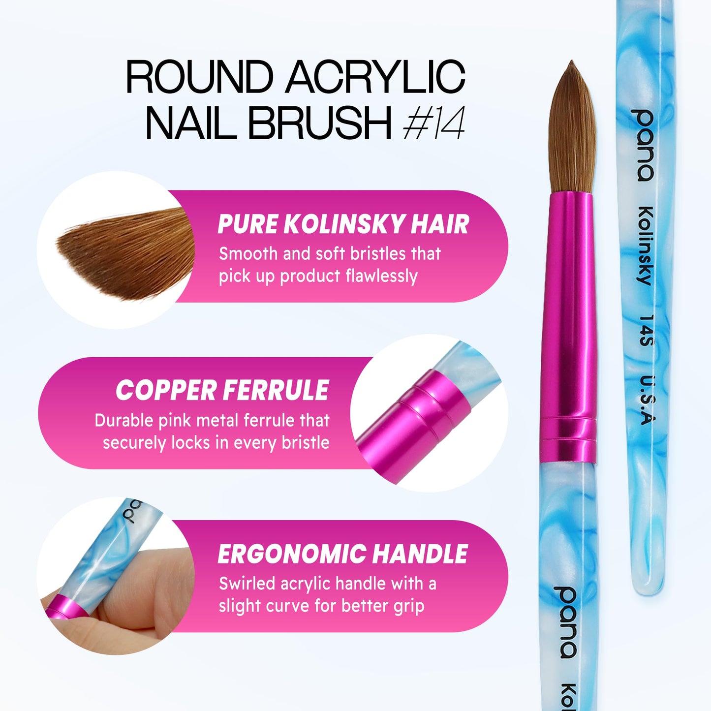 PANA Pure Kolinsky Hair Acrylic Nail Brush - Round Shape Pink Ferrule with White Swirl Blue Handle (Size 14) Beauty & Personal Care PANA