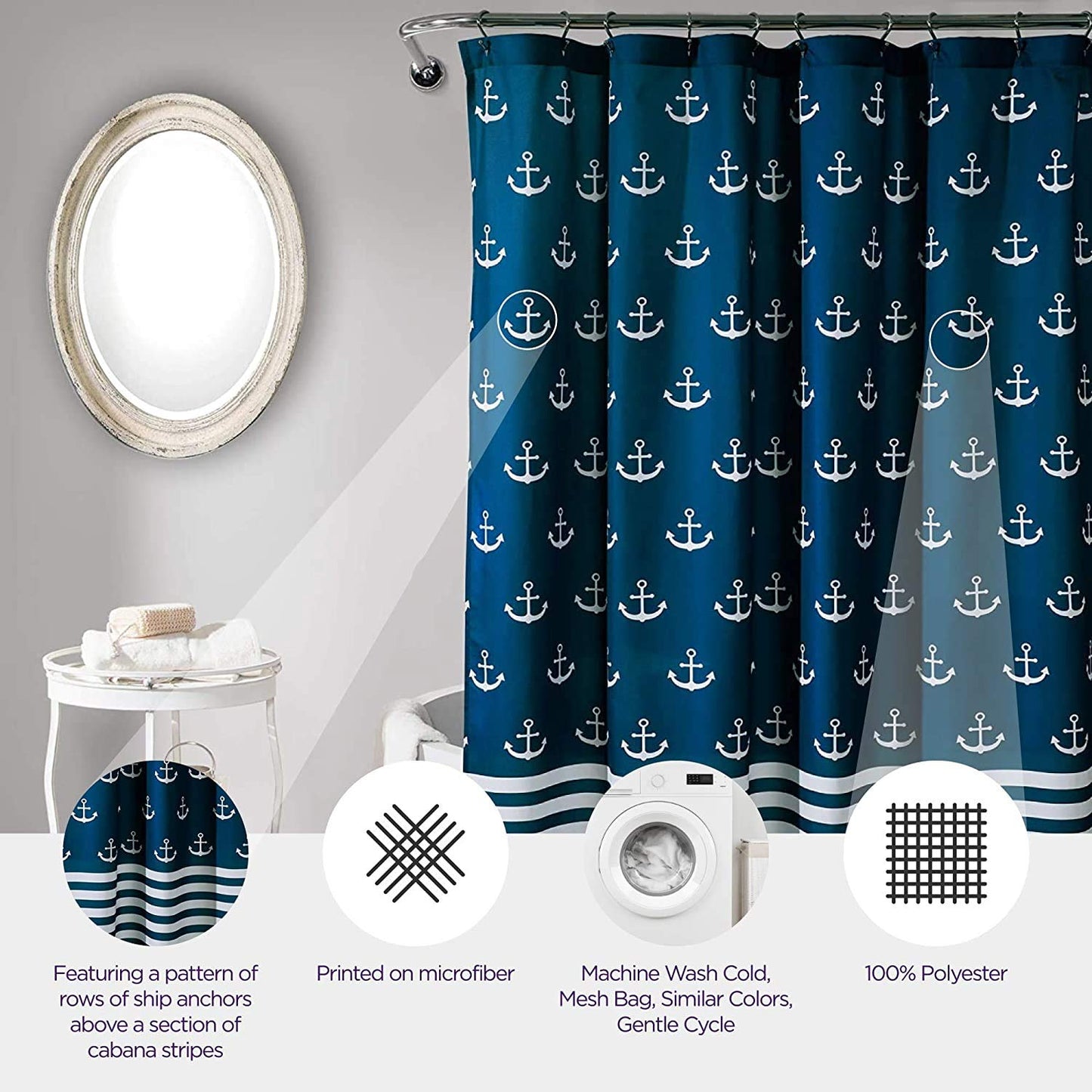Lush Decor Shower Curtain, Beach-Themed Bathroom Accessories (Navy Blue, Anchor Print) 72" x 72"
