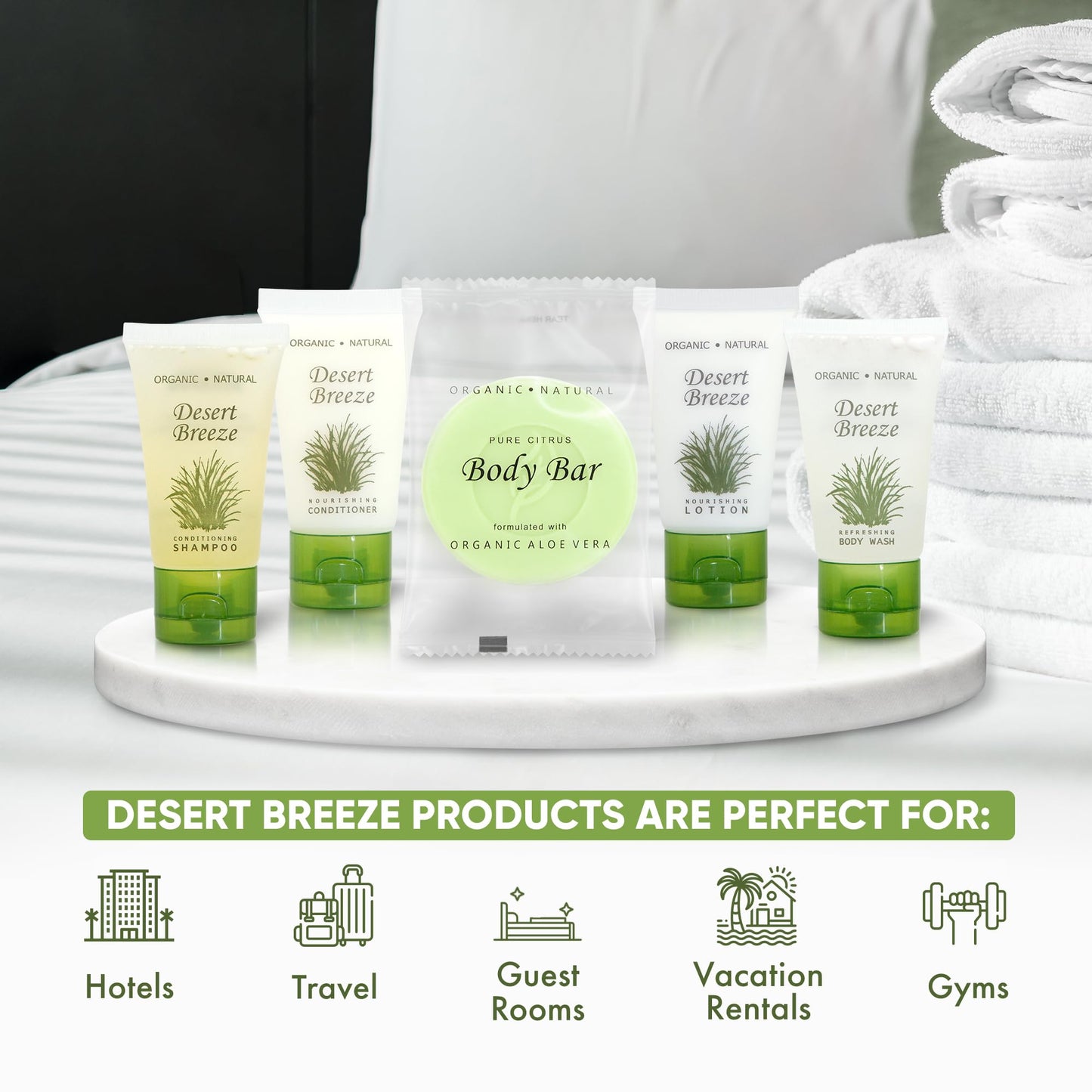 Travel Size Hotel Toiletry Set 300 Count 1 oz Bottles Guest Amenities for Vacation Rentals and Short Term Rentals Paraben Free Green Tea Lemongrass