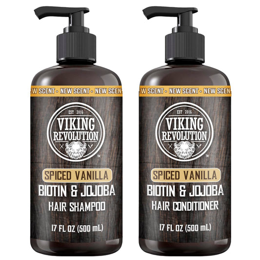 Viking Revolution Spiced Vanilla Mens Shampoo and Conditioner Set with Biotin and Jojoba Oil - Natural Hair Shampoo and Hair Conditioner for Men