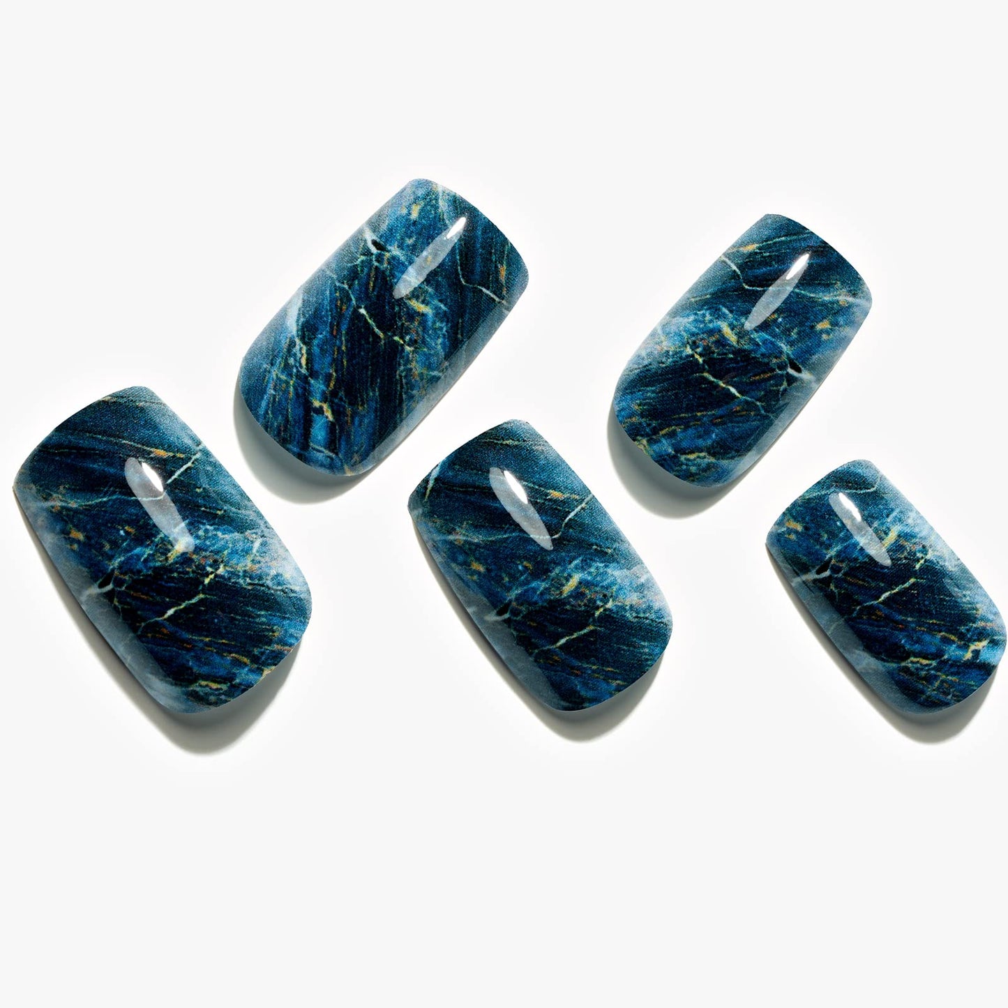 GLAMERMAID Ombre Press on Nails Medium Square, Fall Peacock Blue Marble Jelly Soft Gel Nails Square Fake Nail, Glossy Stick Glue 0n Nail Kit