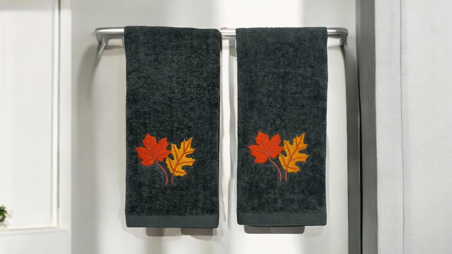 Serafina Home Harvest Fall Tip Towels: Plush Dark Grey Gray Cotton Towels with Autumn Leaf Design Set of 2, 12" x 18" Inch