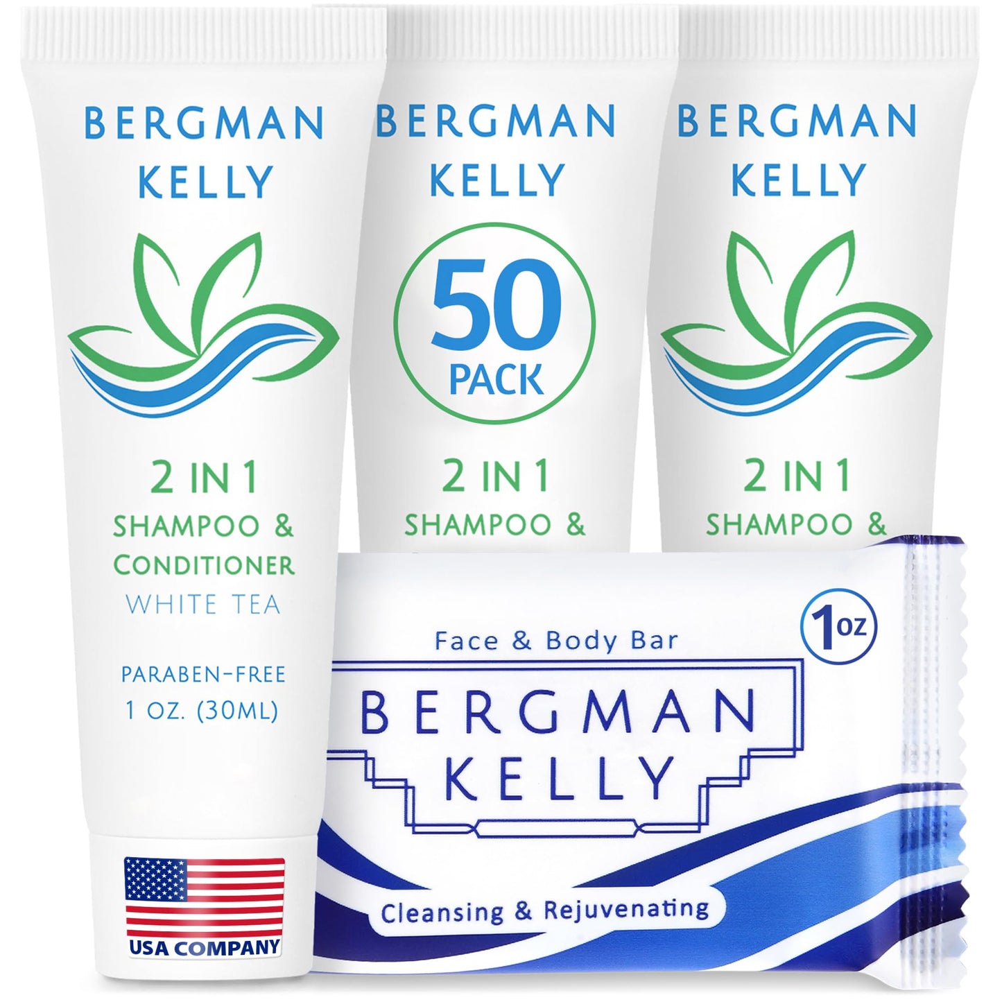 BERGMAN KELLY Rectangle Soap Bars, 2in1 Shampoo & Conditioner 2-Piece Set (White Tea, 1 oz each, 100 pc), Delight Your Guests with Revitalizing