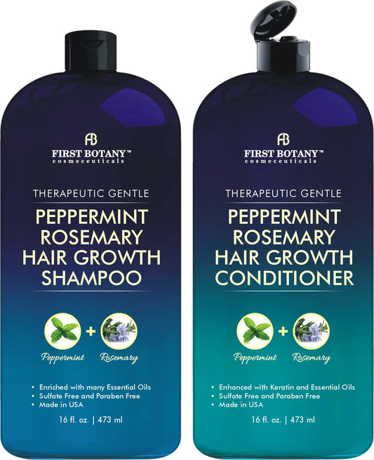First Botany, Peppermint Rosemary Hair Regrowth and Anti Hair Loss Shampoo and Conditioner Set - Daily Hydrating, Detoxifying, Volumizing Shampoo