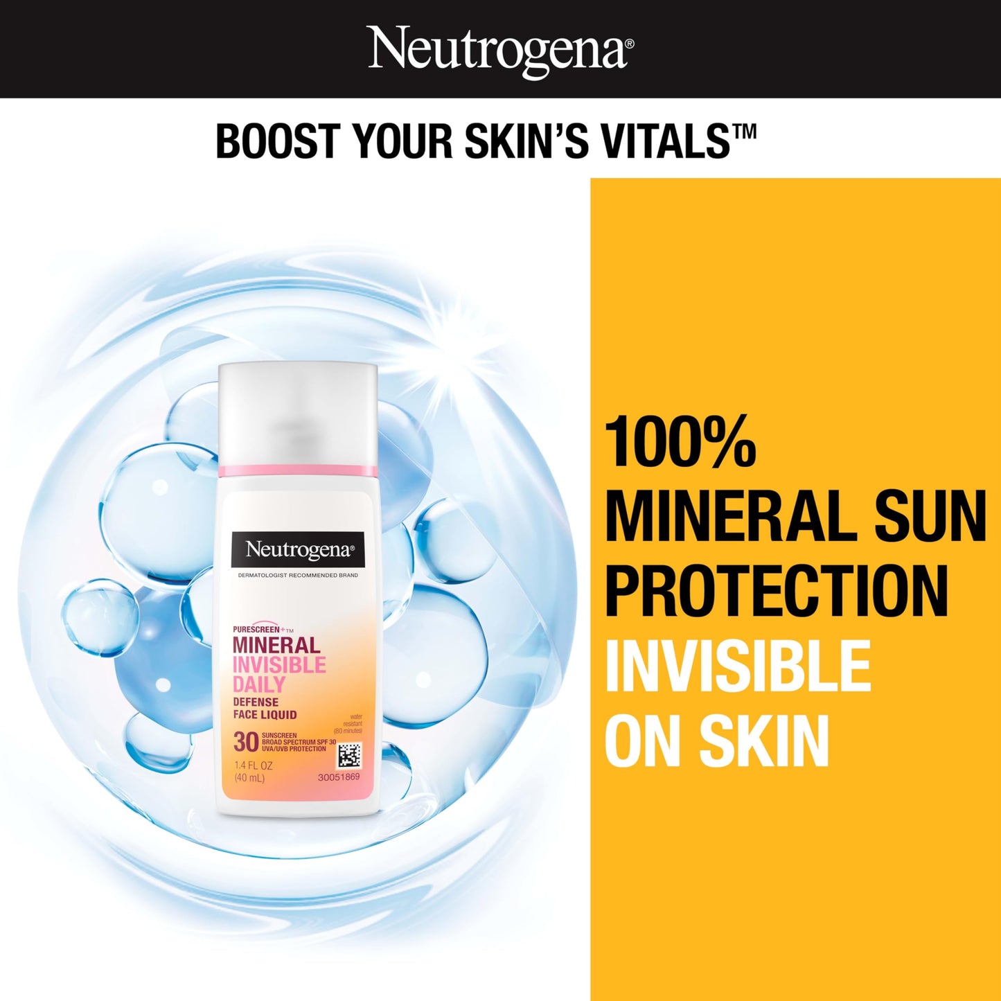 Neutrogena Purescreen+ Invisible Daily Defense Mineral Sunscreen for Face with SPF 30, Broad Spectrum Mineral Sunscreen with Vitamin E, Water