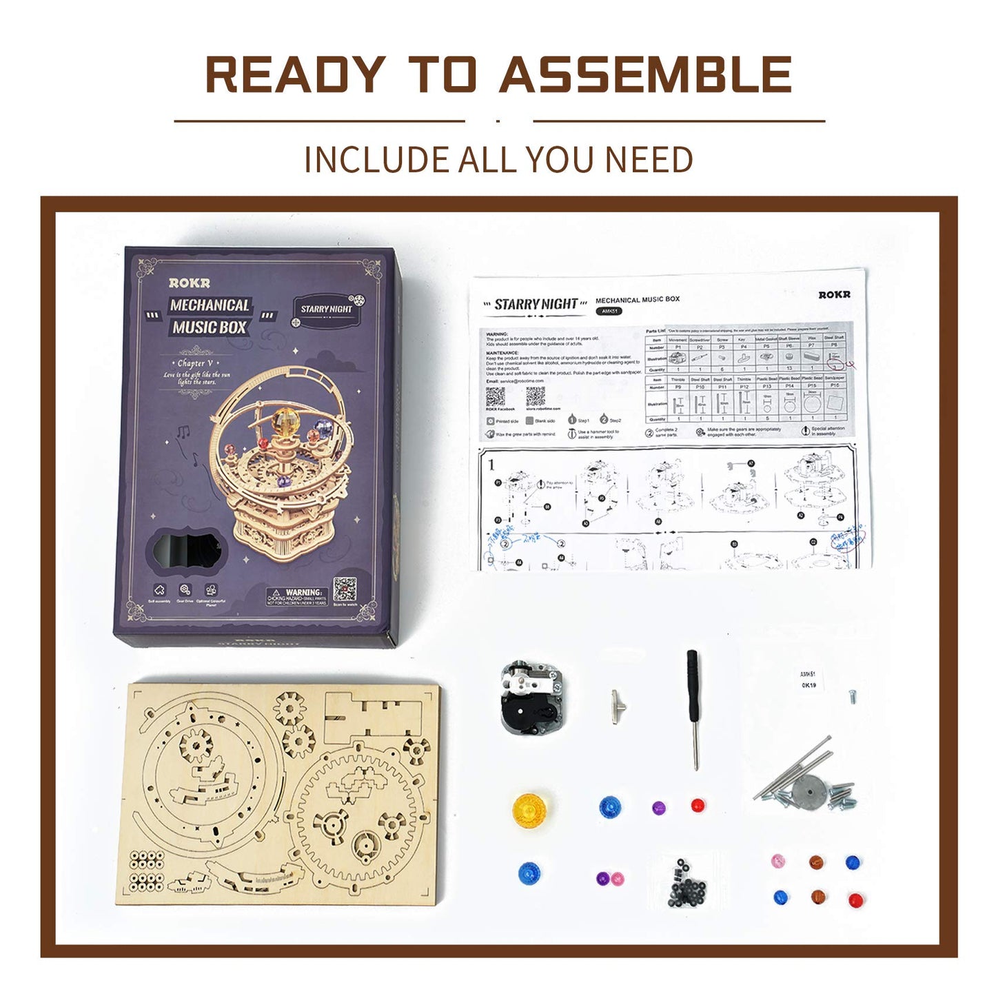 ROKR 3D Wooden Puzzle Music Box – Starry Night DIY Rotating Mechanical Model Kit for Teens & Adults, Craft, Hobby & Desk Decor Gift, Ages 14+