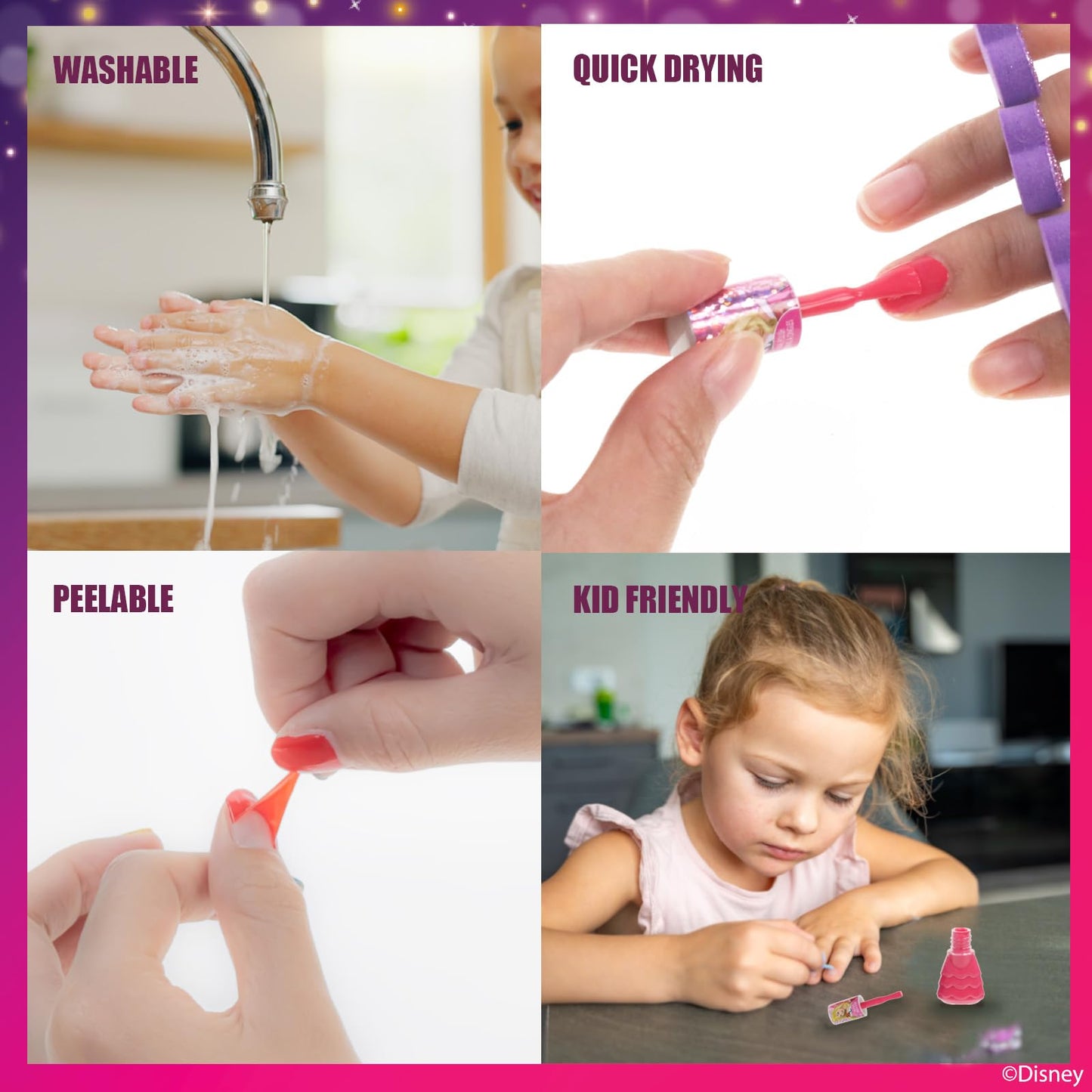 Disney Princess 15 Piece Water-Based Nail Polish with 3 Toe Spacers, Quick Dry, Peel Off, Gift Kit Set for Kids Girls, Ages 3 by Townley Girl