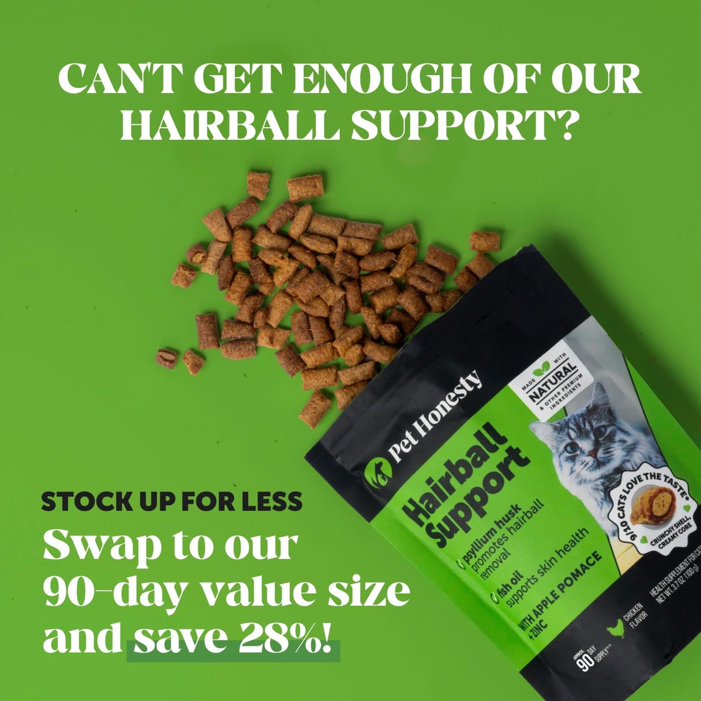 Cat Hairball Support Chews – Crunchy & Creamy Treats with Chicken, Supports Skin, Coat & Digestion, 30-Day Supply