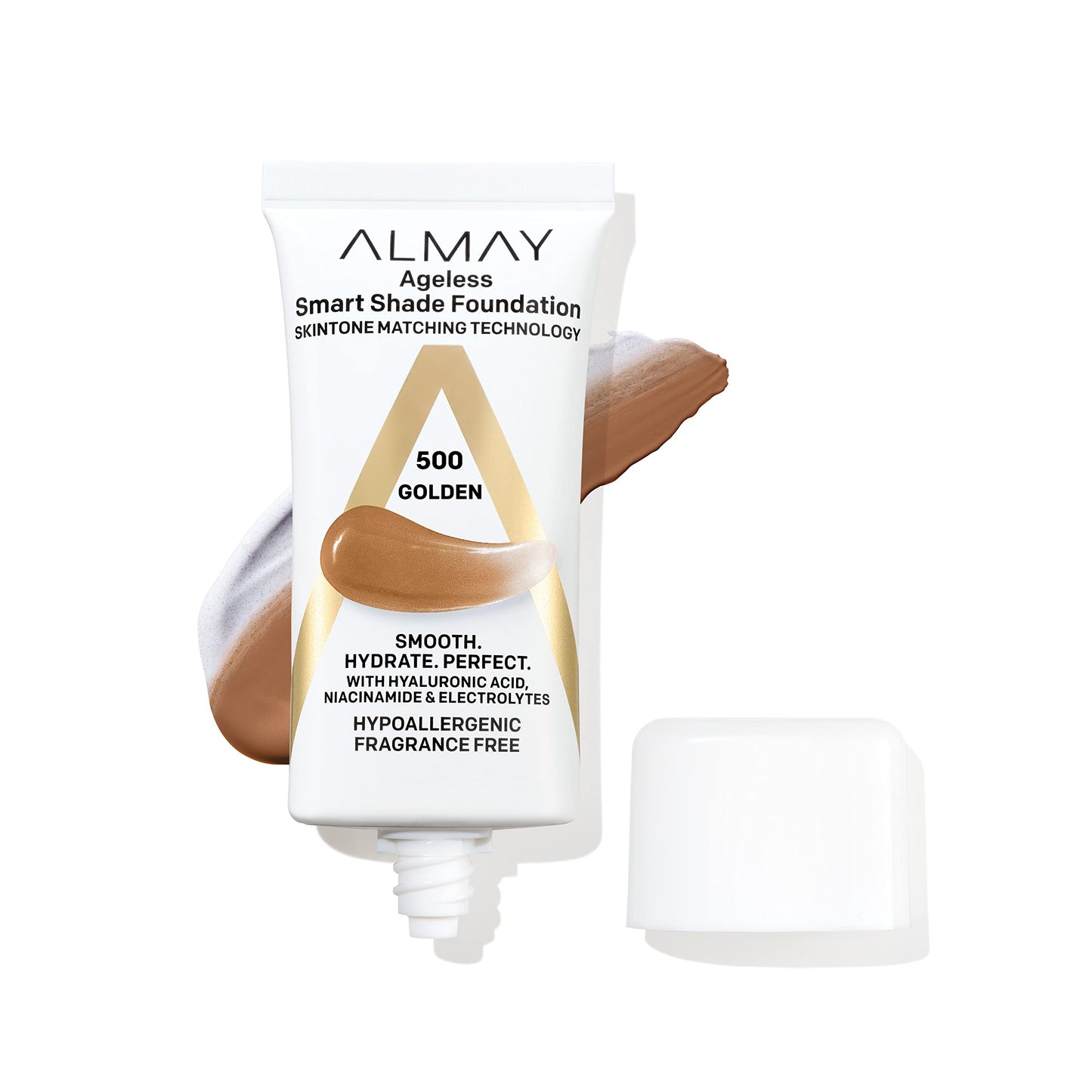 Almay Anti-Aging Foundation, Smart Shade Face Makeup with Hyaluronic Acid, Niacinamide, Vitamin C & E, Hypoallergenic-Fragrance Free, 500 Golden, 1 Fl