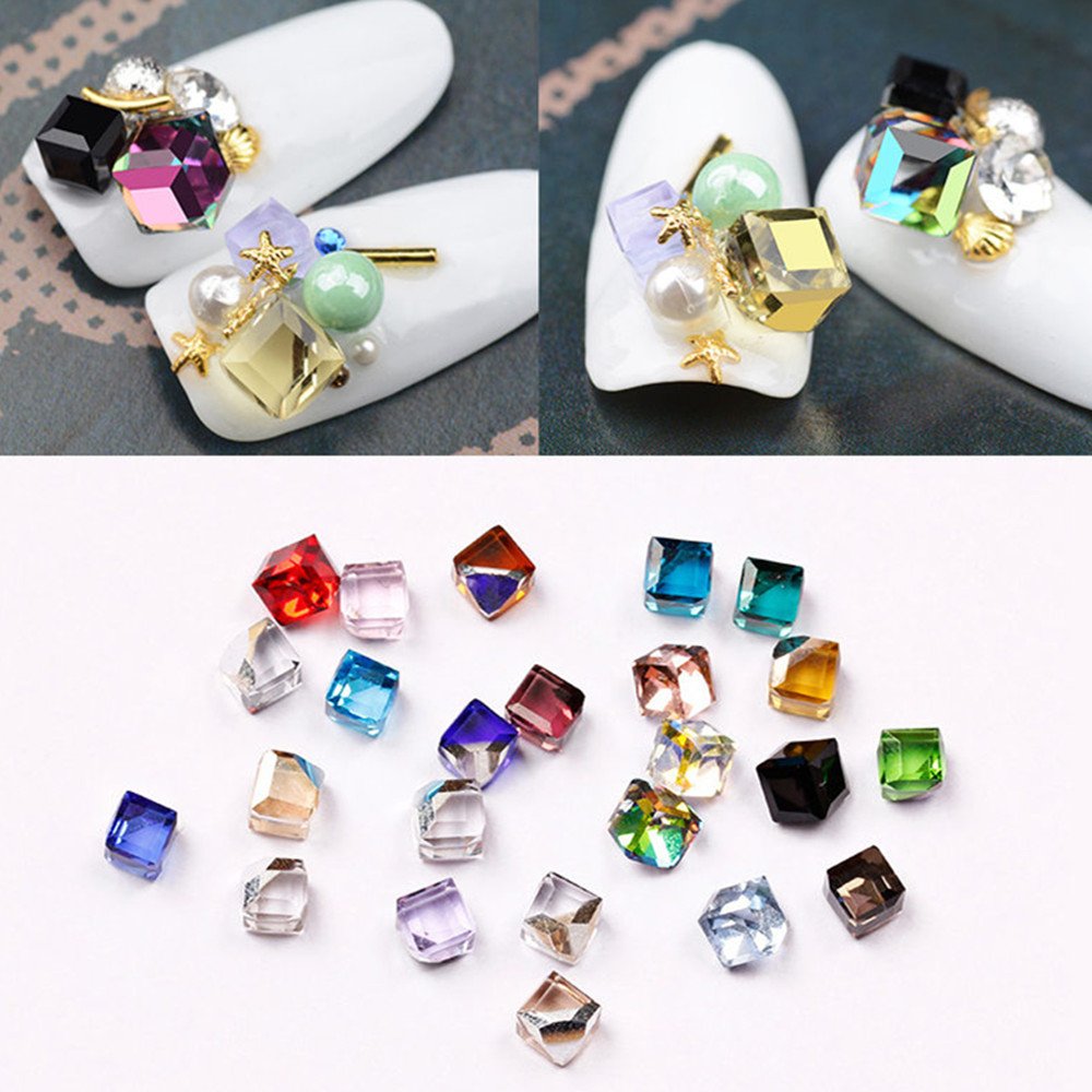 60PCS 3D Cube Square Rhinestone Crystal Glass Nails Beads Decoration Manicure Nail Art 4MM (Colorful) Beauty & Personal Care MEYA