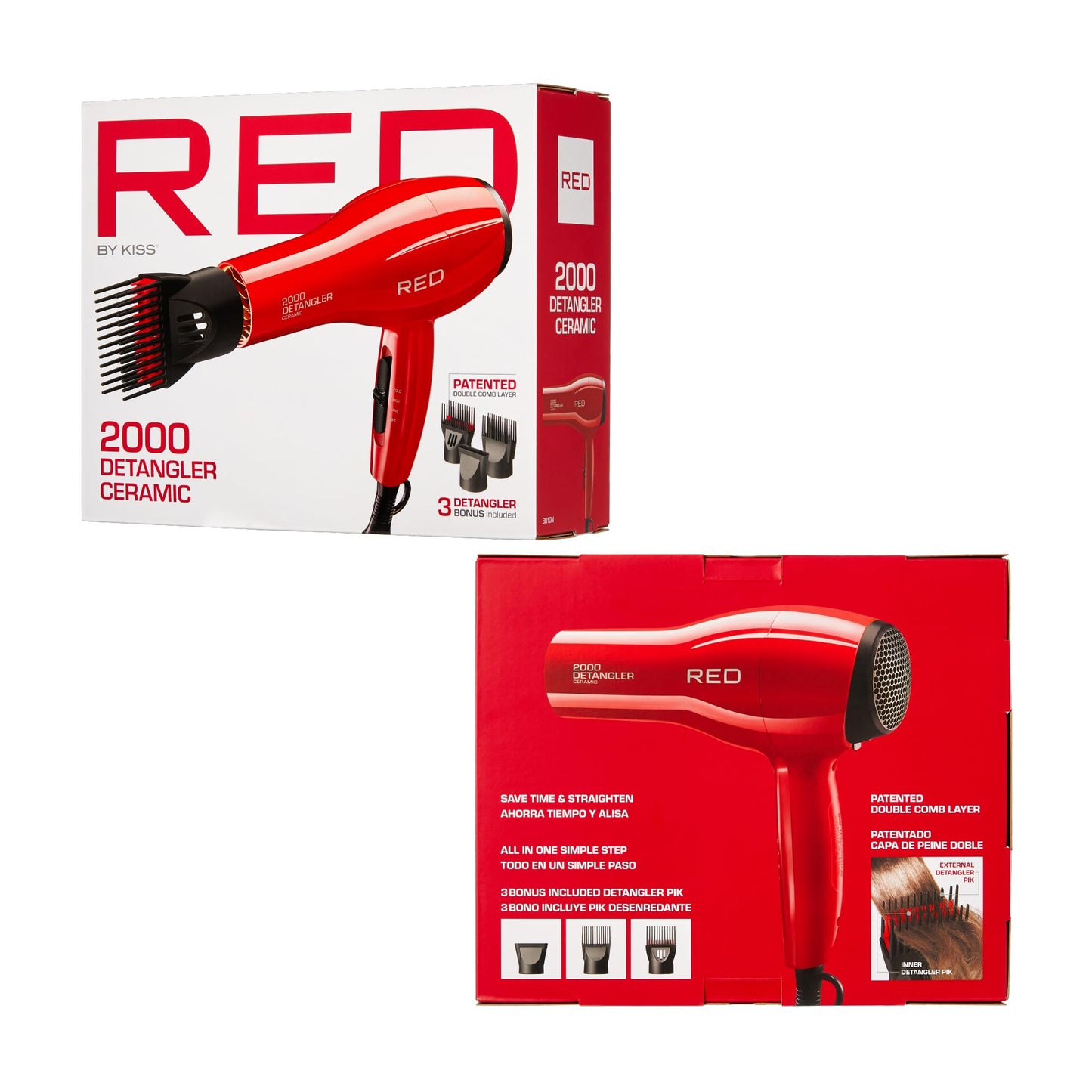 Red by Kiss 2000 Ceramic Hair Dryer, Professional Salon Blow Dryer 3 Attachments Included, 2 Detangler Piks, 1 Air Concentrator, Lightweight