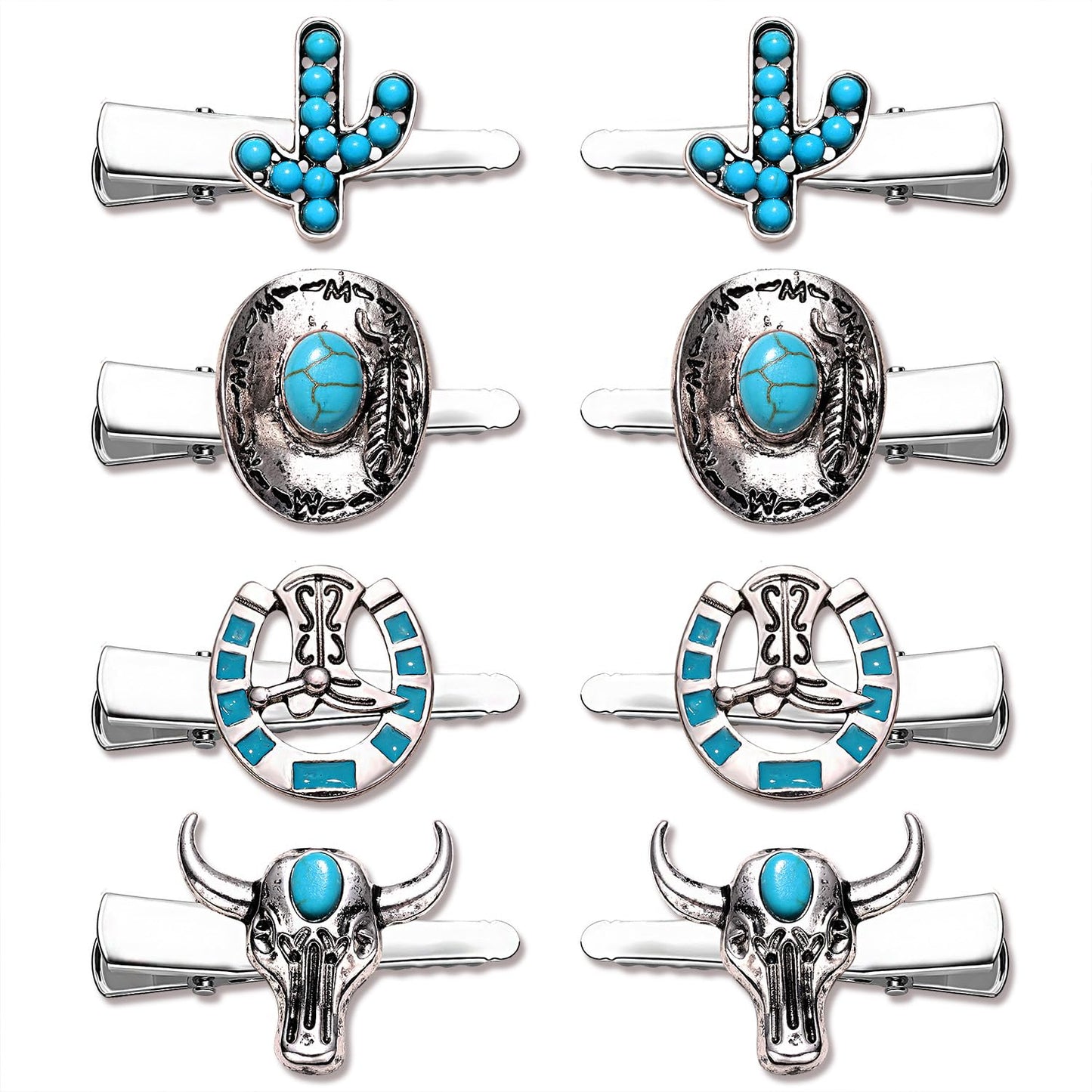 Western Cowboy Cowgirl Boot Hat Hair Clips - 8PCS Vintage Turquoise Star Lightning Cactus Hairpins - Women's Hair Accessories (Pattern A)