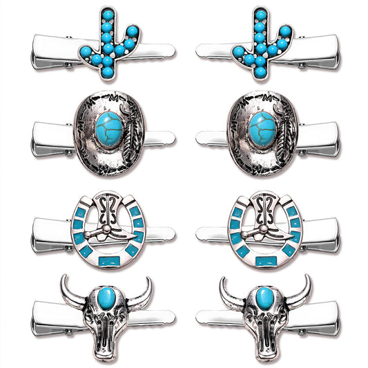 Western Cowboy Cowgirl Boot Hat Hair Clips - 8PCS Vintage Turquoise Star Lightning Cactus Hairpins - Women's Hair Accessories (Pattern A)