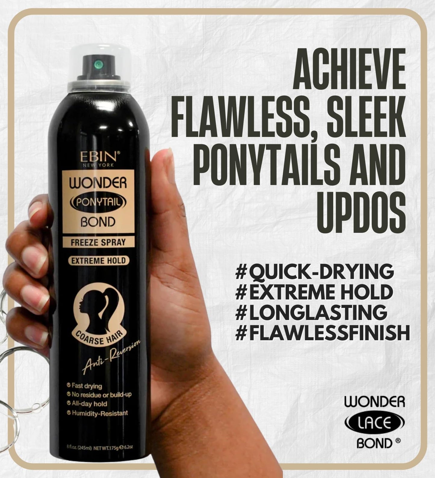 EBIN NEW YORK Wonder Ponytail Bond Freeze Spray 8oz – Extreme Firm Hold, 24H Frizz Control, Fast-Drying, Lightweight, Shine for All Hair Types