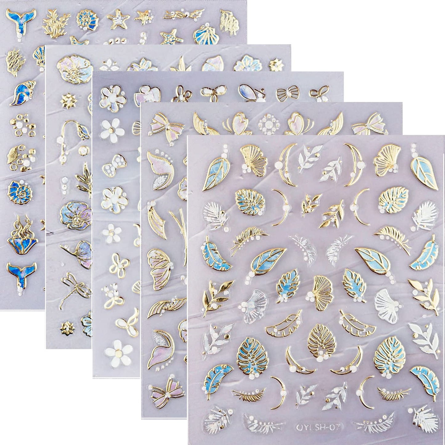 Zoance 20 Sheet 5D Embossed Nail Art Stickers,Luxury Gold Silver Nail Decals Self-Adhesive Metallic Leaves Flower Butterfly French Nail Stripe Line