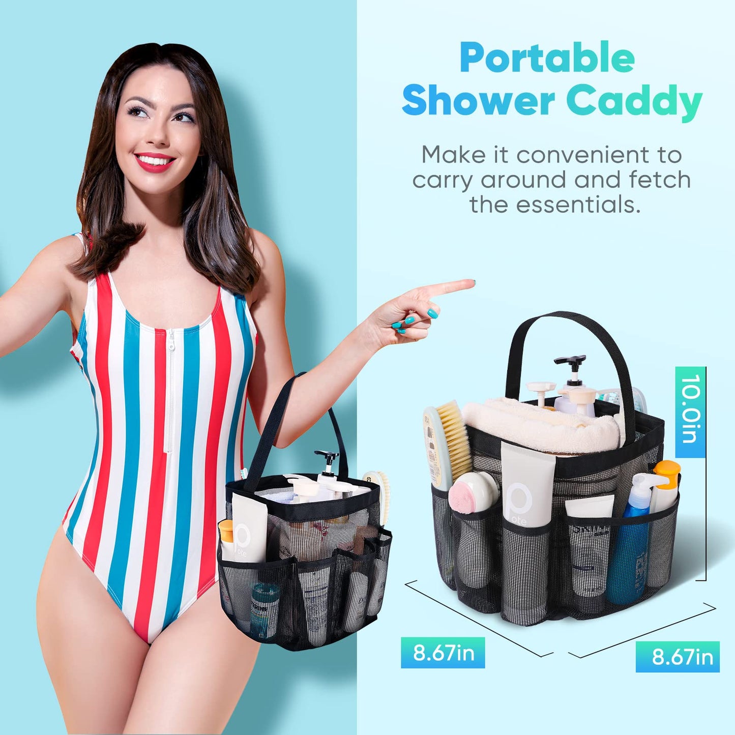 Eudele Mesh Shower Caddy Portable for College Dorm Room Essentials, 8-Pocket Large Capacity Shower Bag for Beach, Swimming, Gym