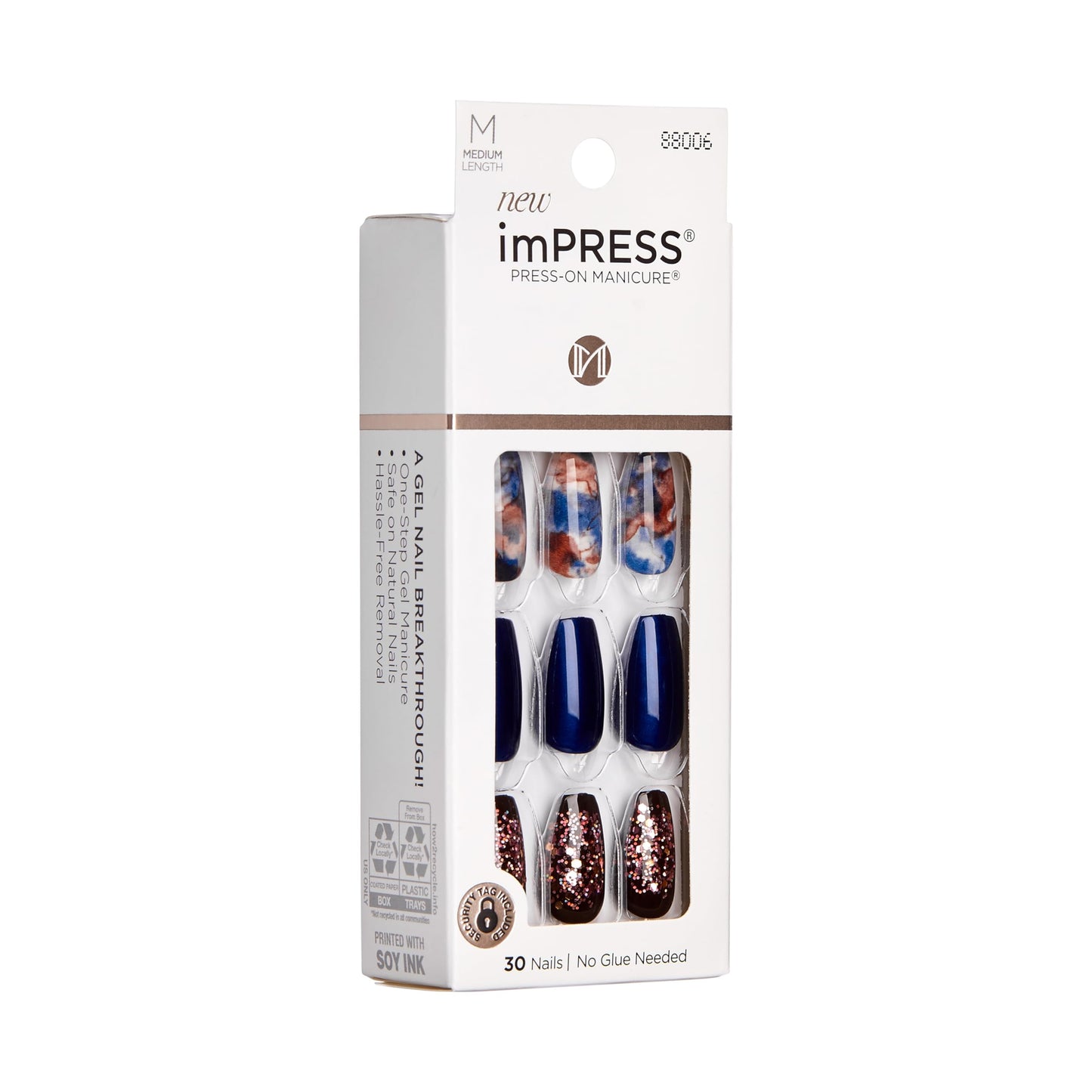 imPRESS Press-On Manicure Fake Nails, Indigo Autumn - Medium Length, Coffin Shape, Polish-Free Glitter Mani, Includes Prep Pad, Mini File, Manicure Beauty & Personal Care imPRESS