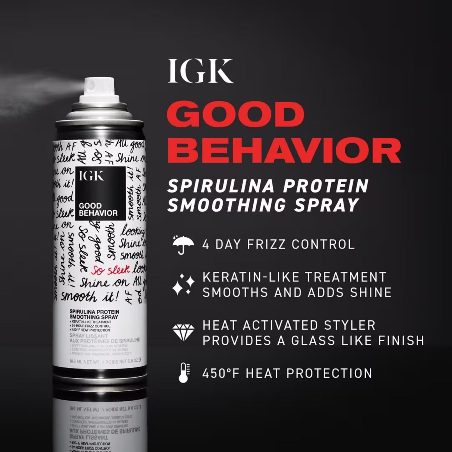 IGK GOOD BEHAVIOR Spirulina Protein Smoothing Spray | Keratin Like Treatment + Frizz Control + Heat Protectant | Vegan + Cruelty Free | 5.6 Oz (Pack