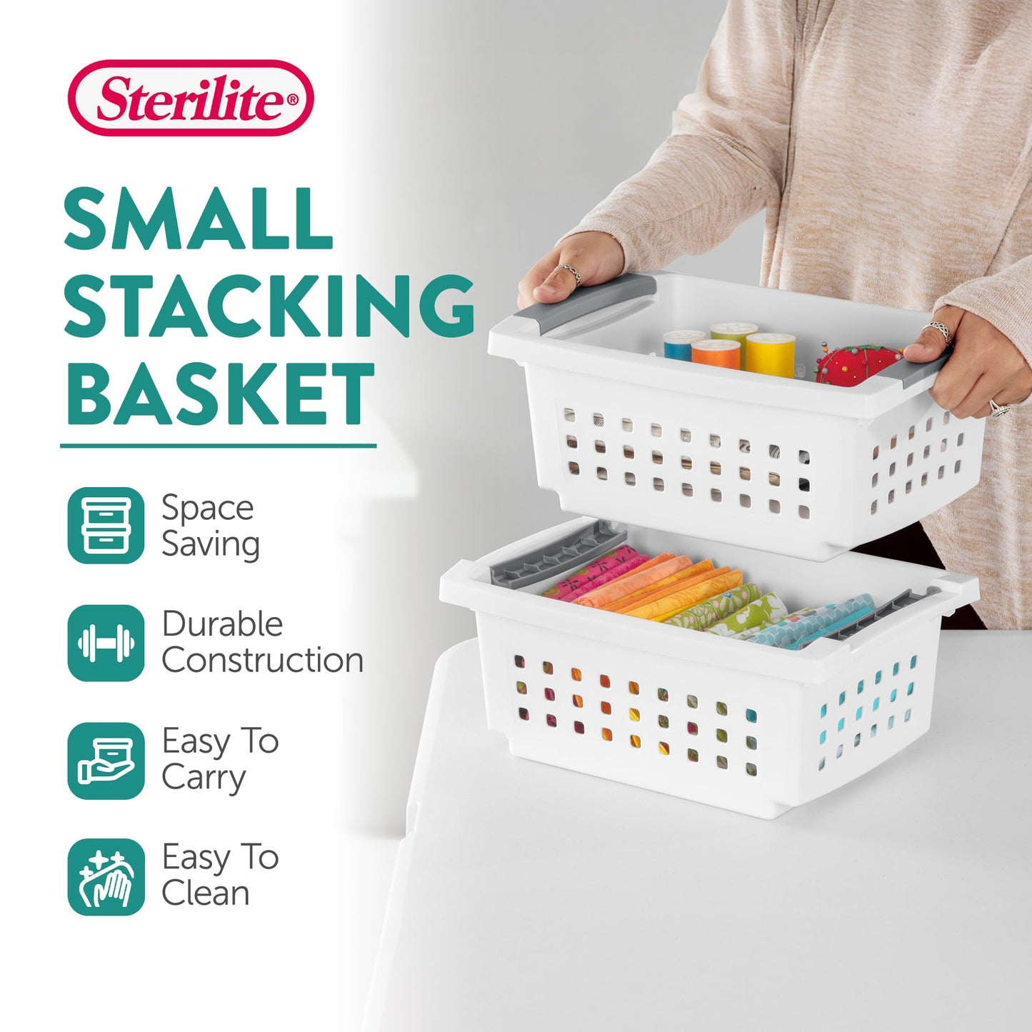 Sterilite Small Plastic Stacking Storage Basket Container Totes w/Comfort Grip Handles and Flip Down Rails for Household Organization, 8 Pack, White