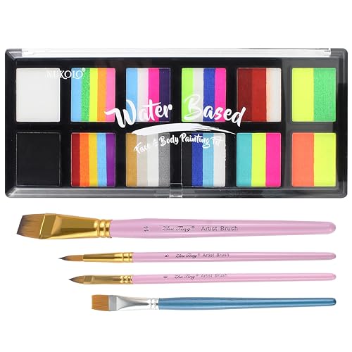 Water Activated Face Paint, Highly Pigmented Facepaint Makeup Kit, Quick-Drying Body Paint for Adults, Split Cake Face Paint with 4 Paint Brushes