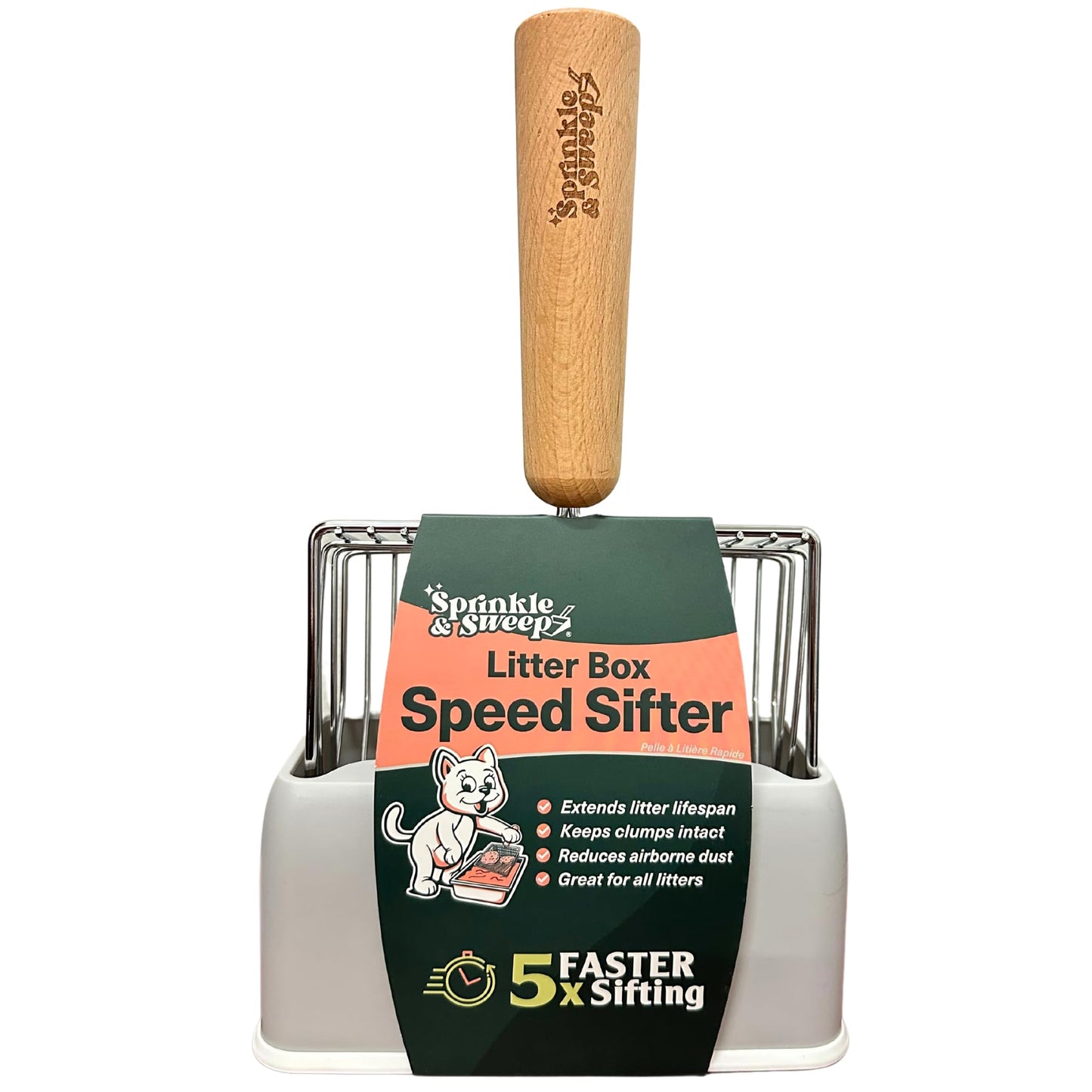 Sprinkle & Sweep Metal Cat Litter Scoop – Heavy Duty Sifter with Beech Wood Grip & Stand, Washable for Fast & Easy Litter Cleaning