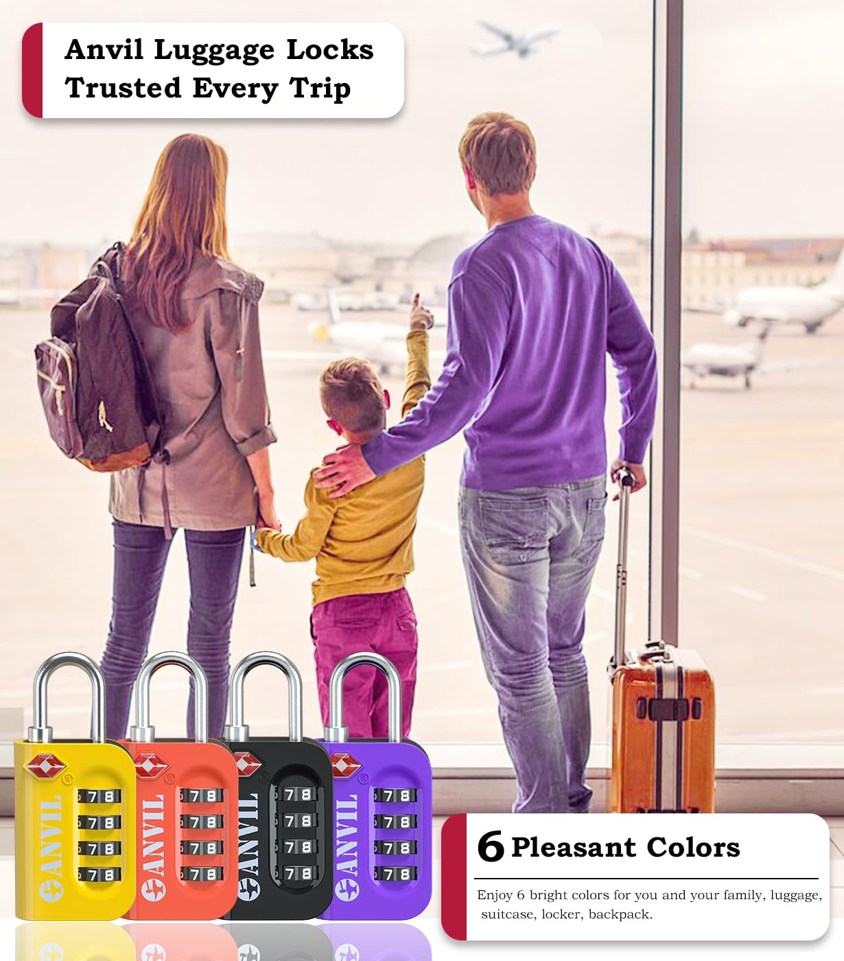 ANVIL TSA Approved Luggage Lock – 4-Digit Combo with Easy-Read Window, for Suitcases, Backpacks, Lockers – Yellow 2 Pack
