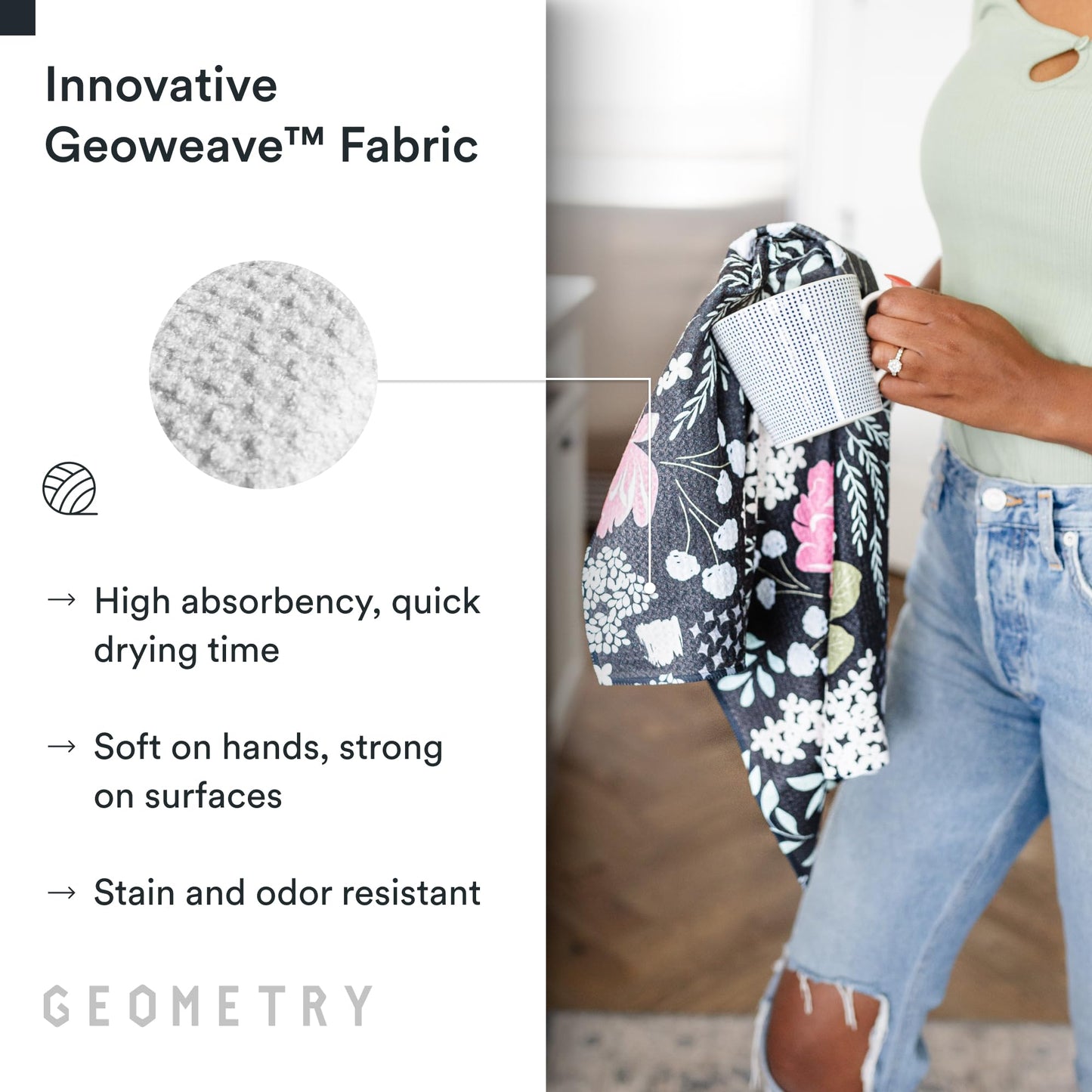 GEOMETRY Kitchen Tea Towels - Quick Dry Microfiber Dish Towels for Kitchen Pretty Petals, 18" x 30" 2 Pack
