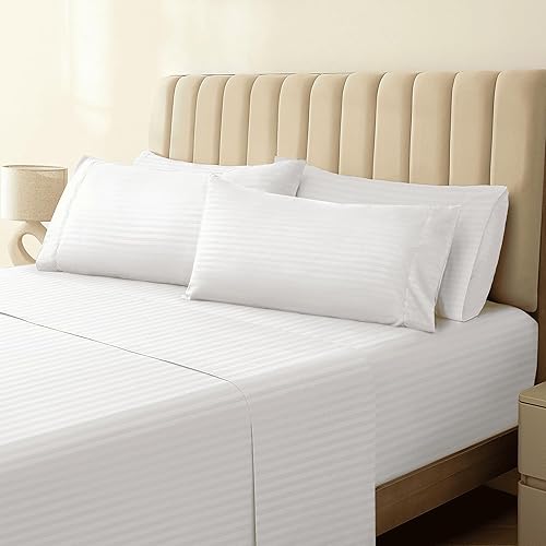 LuxClub 6PC King Microfiber Sheet Set, Striped White, Deep Pockets 18" Wrinkle Free, Cooling Bed Sheets, Allergy Free, Hotel Quality