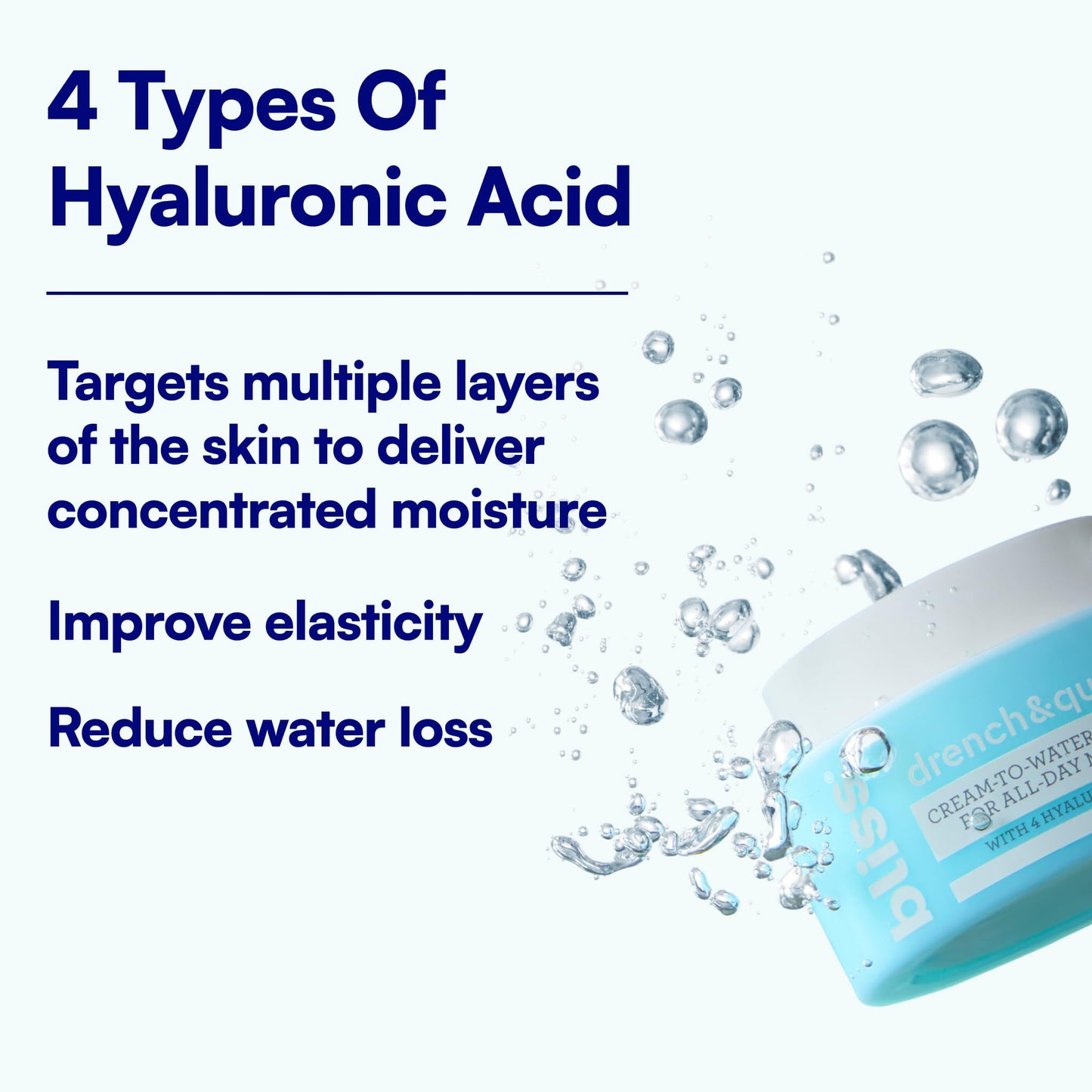 Bliss Drench & Quench Hyaluronic Acid Cream to Water Moisturizer | Lightweight Face Cream with 4 Types of Hyaluronic Acid for All Day Hydration