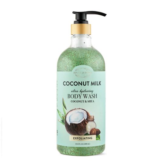 RIVER & ROWE Coconut Milk Exfoliating Body Wash - Hydrating Daily Cleanser with Coconut & Shea for a Nourishing & Silky Soft Skin Experience, Gentle Beauty & Personal Care RIVER & ROWE