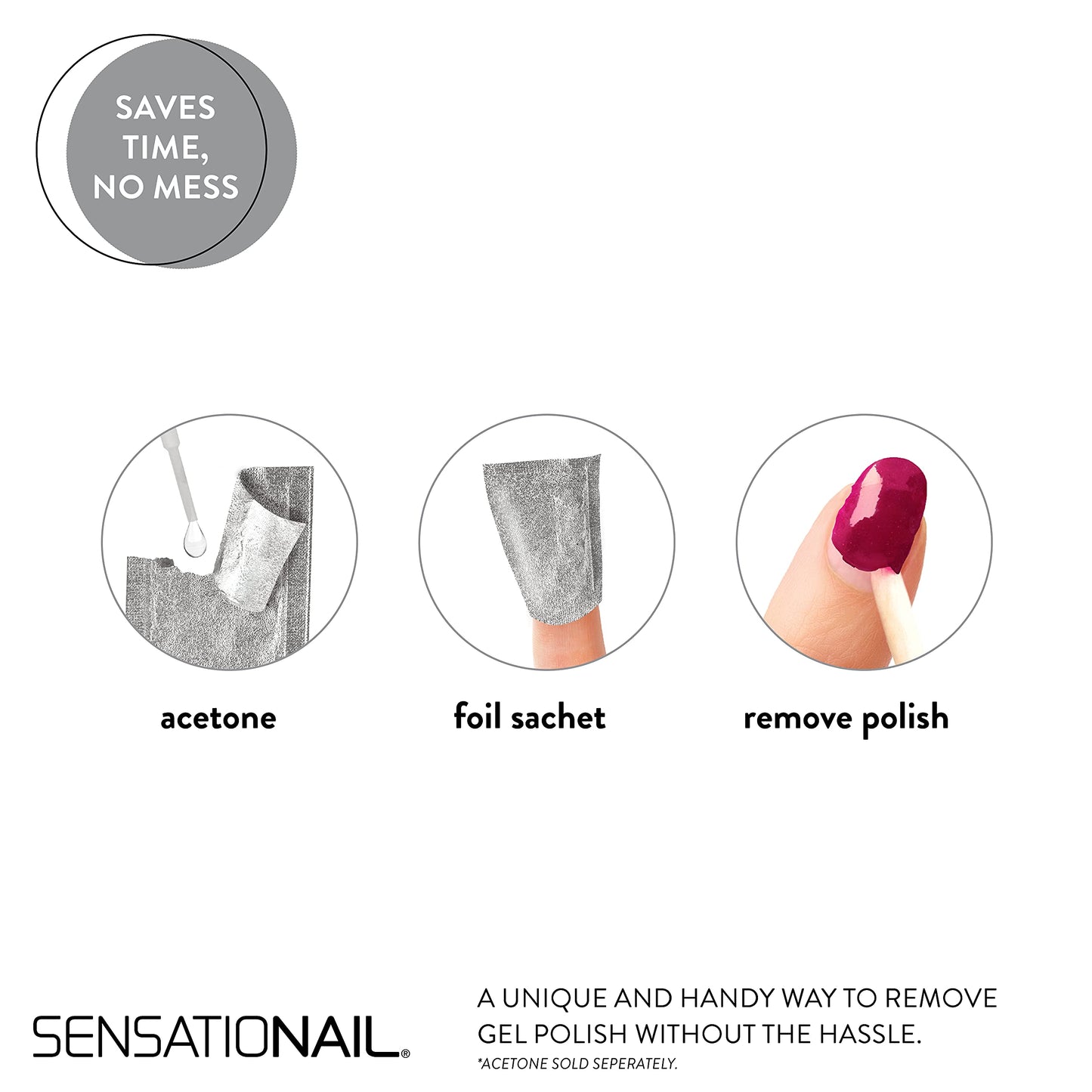Sensationail Gel Nail Polish Removal Kit, Acetone Dropper, 4-Way Nail Buffer and Manicure Stick, Easily Soak Off without Damage or Hassle, Silver, 30