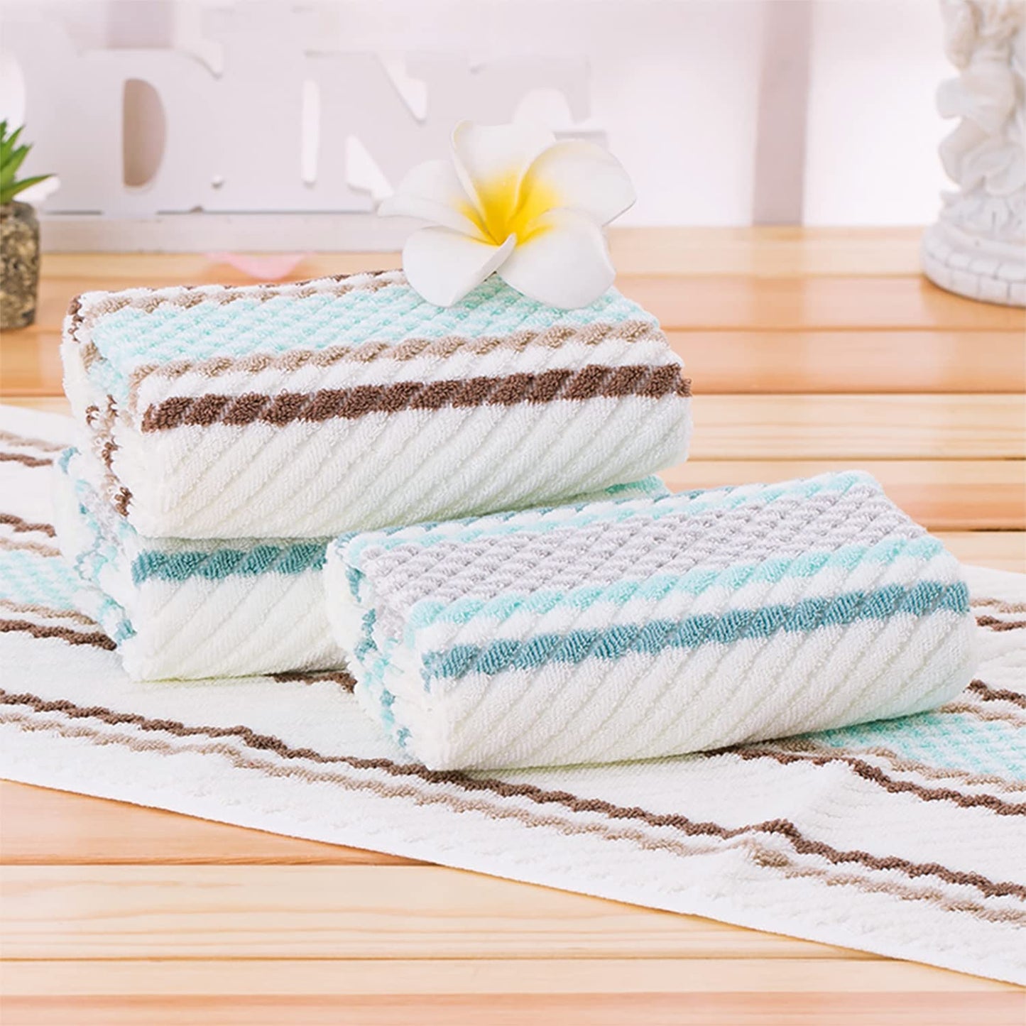 Pidada Hand Towels Set of 2 Striped Pattern 100% Cotton Soft Absorbent Decorative Towel for Bathroom (Green)