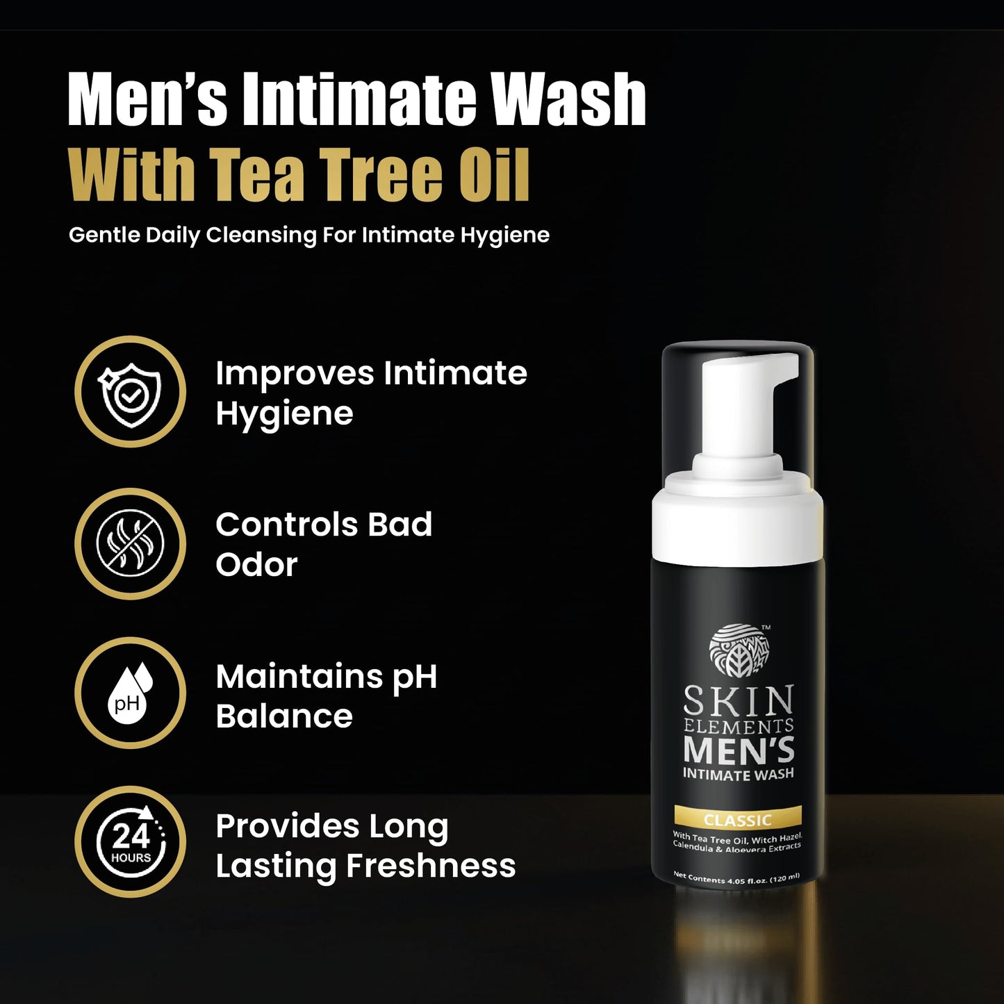 Skin Elements Intimate Wash for Men | pH Balanced Foaming Wash with Tea Tree Oil & Aloe Vera | Soothes, Refreshes & Maintains Hygiene | 4.05 fl. oz. |