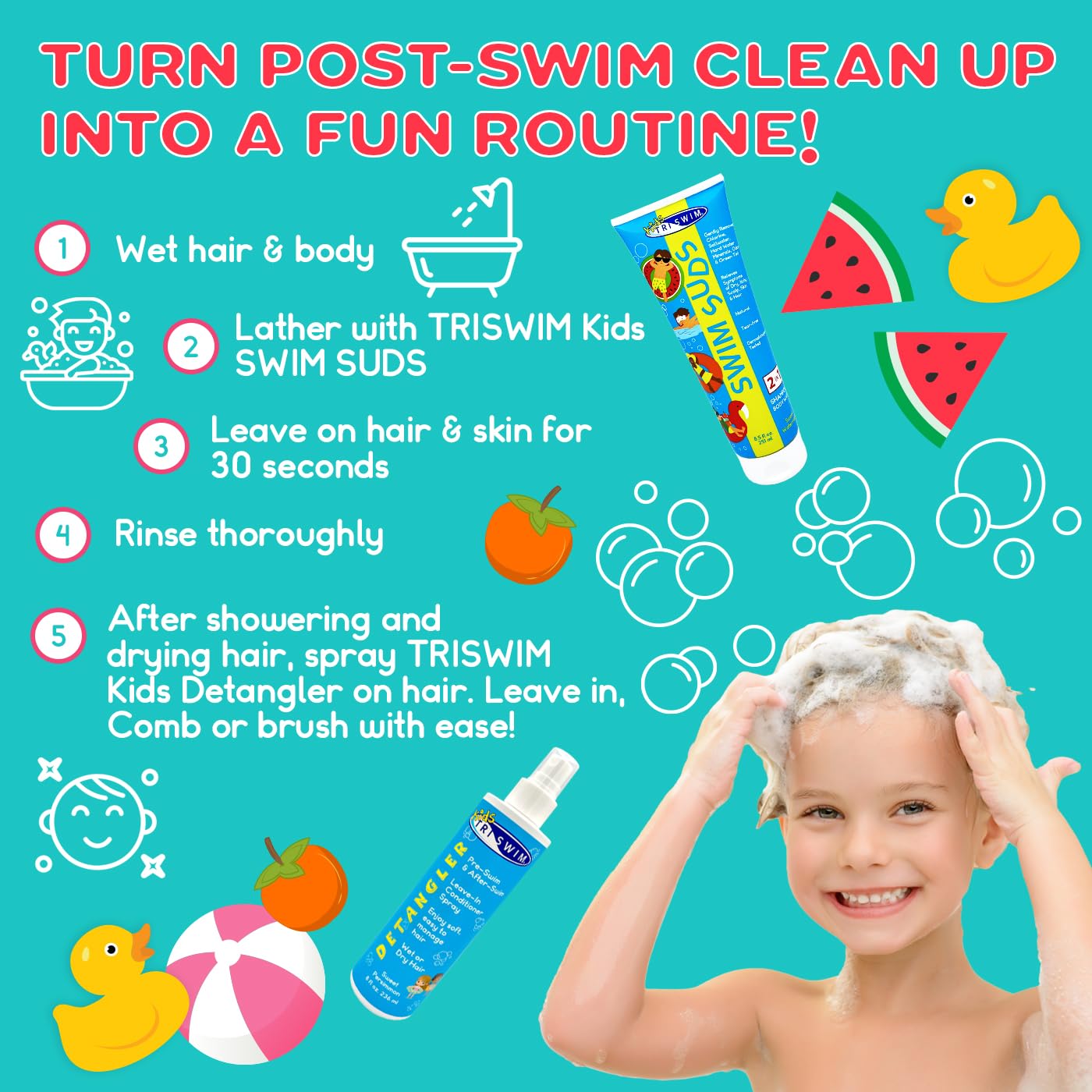 TRISWIM Kids Swim Care Bundle | Swim Suds 2-in-1 Shampoo & Body Wash 8.5 oz + Detangler Leave-In Conditioner Spray 8 oz | Tear-Free Chlorine