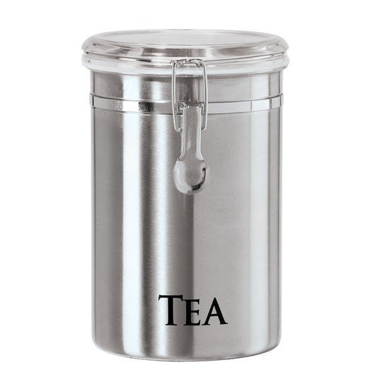 Oggi Stainless Steel Tea Canister 62 fl oz - Airtight Clamp Lid, Clear See-Thru Top - Ideal for Tea Bag, Loose Tea, Kitchen Storage, Pantry Storage.…