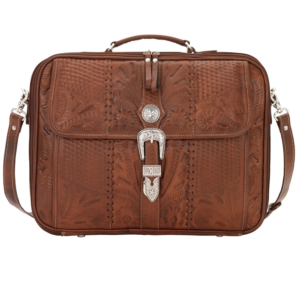 American West Hand Tooled Handcrafted 100% Genuine Leather Laptop Briefcase for Men and Women | Classic Travel Collection | Western (Medium Brown)