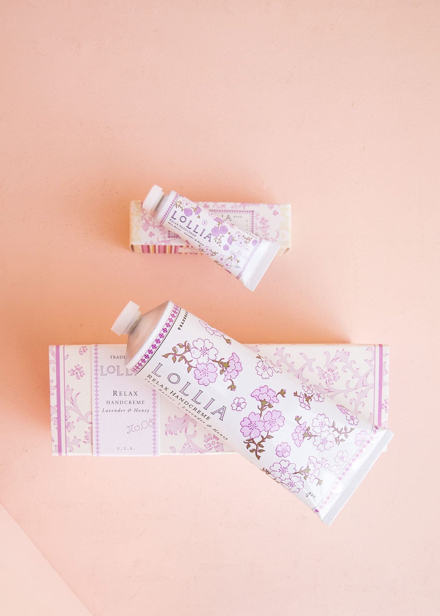 LOLLIA Relax Handcreme Bundle, 4 oz. & .33 oz. - Lavender & Honey - Scented Hand Cream for Women, Moisturizing Hand for Dry Hands, Shea & Cocoa